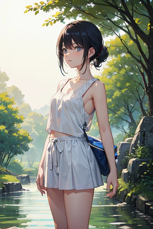 Riverside in the countryside、Beautiful girl playing in the river、13 years old、Almost naked、Tank top