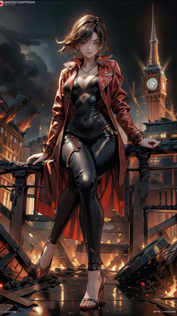 (32k, High resolution, highest quality, masterpiece, 超High resolution), (((Giantess Elements, Typhoon heavy rain))), From above, Perfect dynamic composition:1.0, ((night, In a ruined metropolis just feet high)), (Expressions of sadness:0.7), Highly detailed skin and facial textures:1.2, (Holding a sword:1.0, Towering Giant Young Woman:1.0, taller than a skyscraper:1.0, 400,000 feet high:1.5, Incredibly slim body:1.0), Fair skin, Sexy beauty, Very beautiful face, Water droplets on the skin, (The rain drips down on my body:0.5, Wet body:0.5, Wet Hair:0.5), ((Red Leather Jacket:1.0, Tight black leather pants:1.0)), Shapely breasts, Chest gap, Big eyes that exude beautiful eroticism, Lips that exude beautiful eroticism, necklace, Earrings, bracelet, wedding ring, clock, ribbon, High heels, Full body portrait, (Ruined City, ruins, Burning Small Town, rubble), ((Major impact, Emphasizing the majesty and power of giants, Increase the destructive element, Lower the building, Making cities smaller))