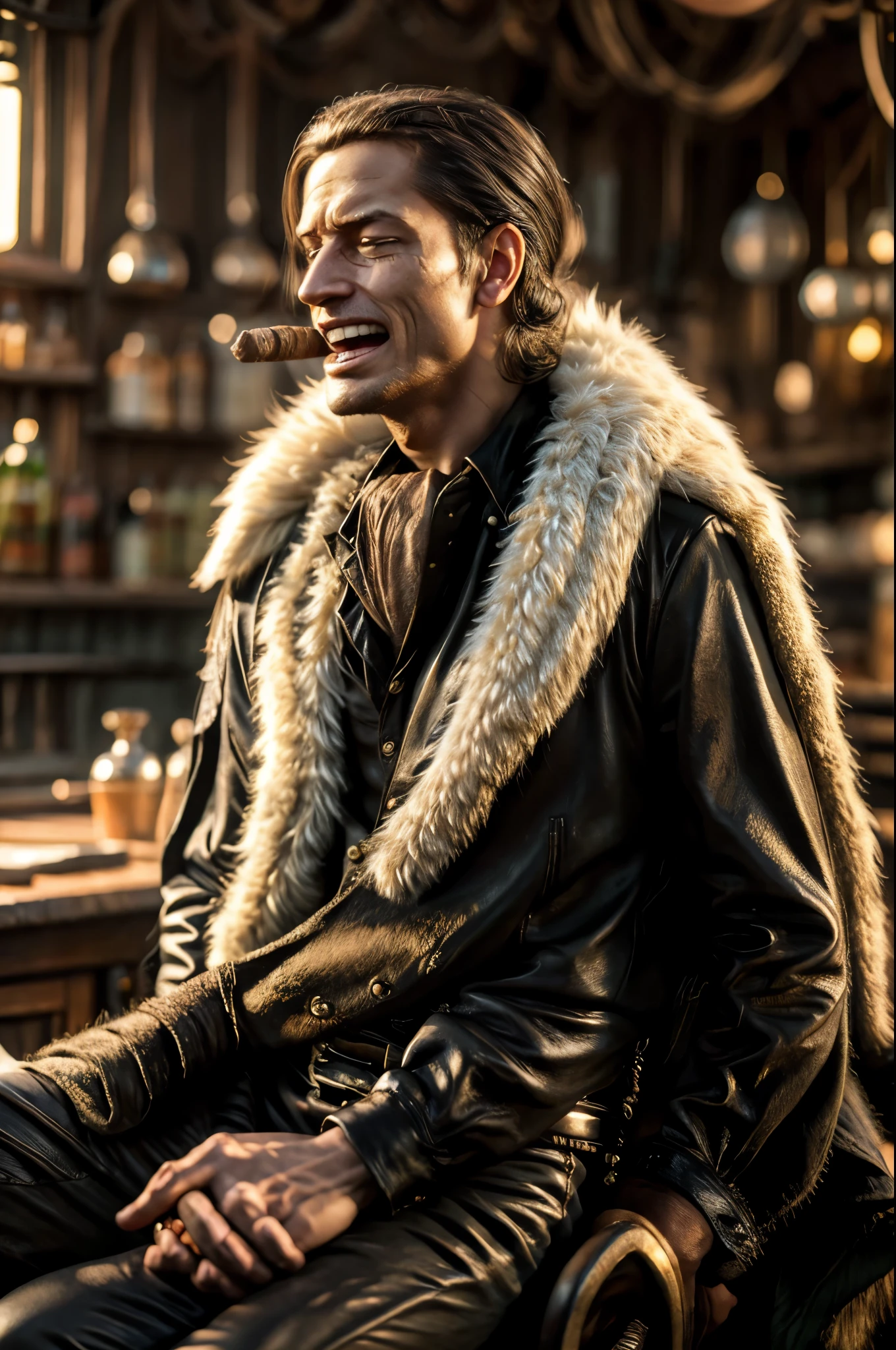 masterpiece, best quality, extremely detailed, hyperrealistic, photorealistic, a cool 40s man, ultra detailed face:1.2, fur-trimmed coat, scarf around the neck, his left hand is a golden pirate hook:1.1, at bar:1.1, cigar, laughing:1.2, dynamic pose, sitting
