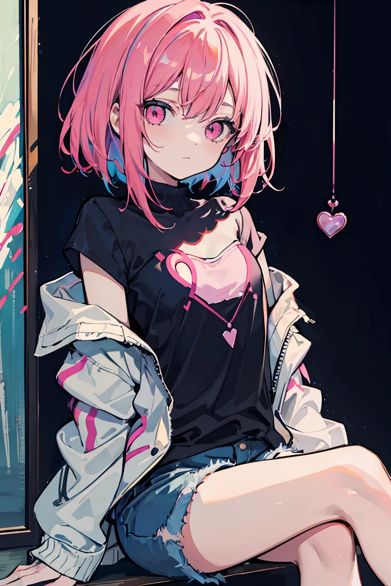 1 girl, Colorful clothes, Navy Hair, Short Bob, Shorts,Jacket,Open chest, Exposed Skin, Expressionless, Triangle sitting, Pink Eyes, ((Navy Hair, Heart Eyes)), Pale background,, Colorful Hair, Messy Hair, tonalism, Romanticism, modern art, Impressionism, reflected light, 8k, masterpiece, Advanced Details, highest quality, Accurate