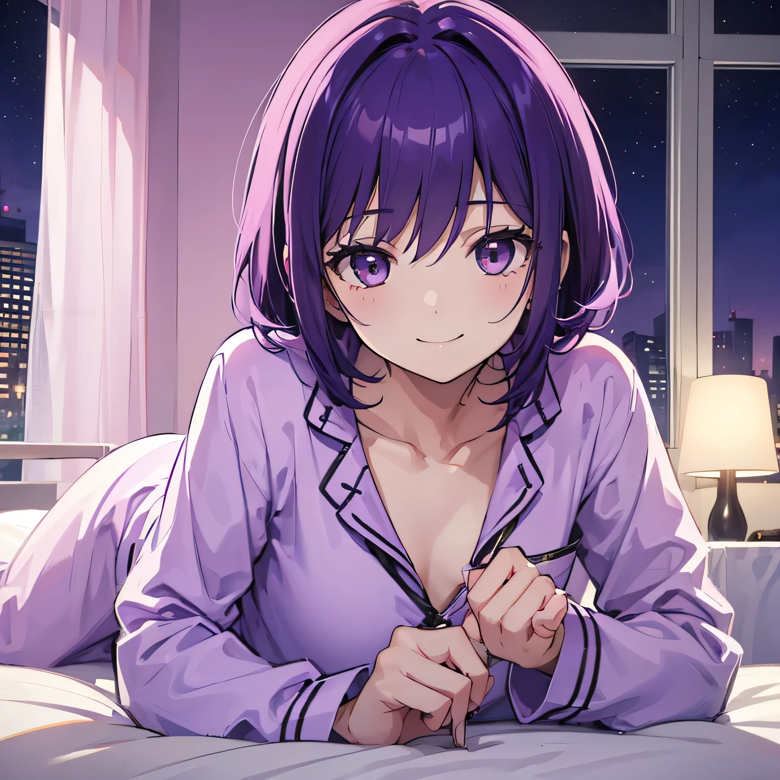(T Masterpiece,4k wallpaper,Best Quality))、((girl1people))、(solo)、Bright and Brilliant,(Purple Hair)、(Shortcuts:1.3)、smile、Bedroom、pajamas、night