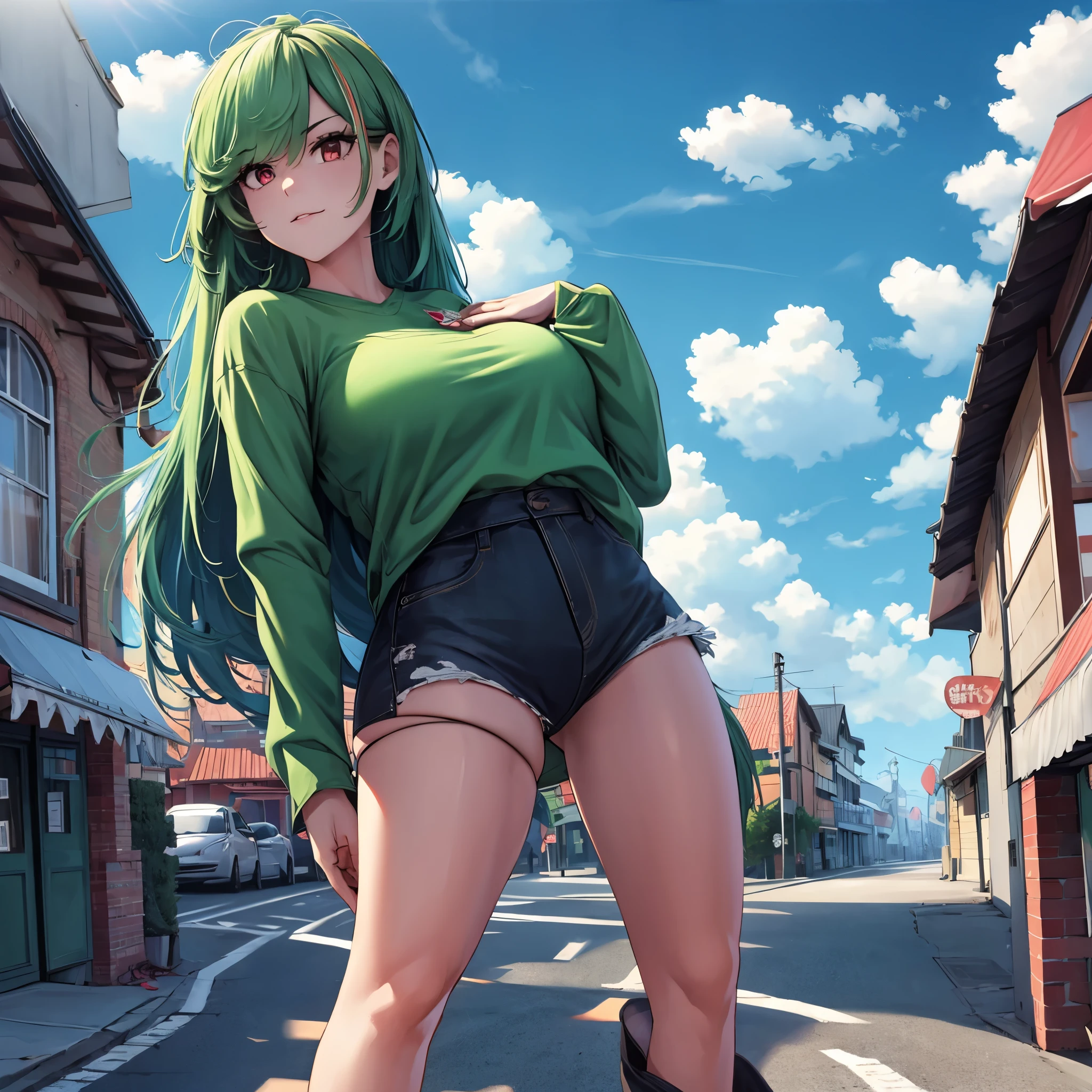 A woman wearing a green shirt with kanji written on the shirt, black denim shorts, black tights, long green hair, red eyes, walking on a sidewalk, overlooking the blue sky with clouds, big breasts, surrealism, cast shadow, anaglyph, stereogram, tachi-e, pov, atmospheric perspective, surrealism, flower, 8k, super detail, accurate, best quality, UHD, anatomically correct, textured skin, high quality, high resolution, best quality (female solo)