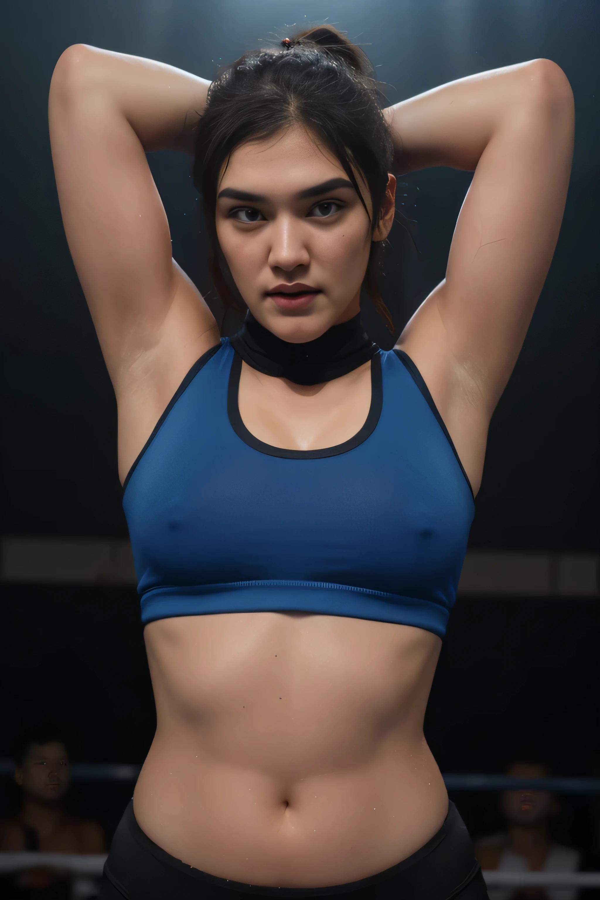 Looks like Kriti Sanon,slightly chubby,wearing black boxing gloves,black boxing gloves,boxing ring,sweaty,tired,exhausted,arms raised,both arms up,boxing gloves on both hands, intricate details,dark blue outfit,(ArtStation:1.2),armpits,sweat,sweaty,sweaty armpits,arms up,showing armpits,awesome armpits,eyeroll,blue outfit,blackish blue arm warmers,blue arm bands,blue black arm warmers