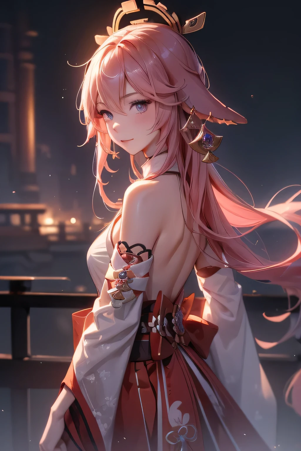 ((yaemikodef)):1.5,((masterpiece,highest quality,Highly detailed images,Beautiful images))1.4(Image of Yae Miko smiling in front of lightning、Extreme Lightning、Overall dim lighting、Backlight、Fantastic dark atmosphere、Thick Fog、Dust flutters)1.3