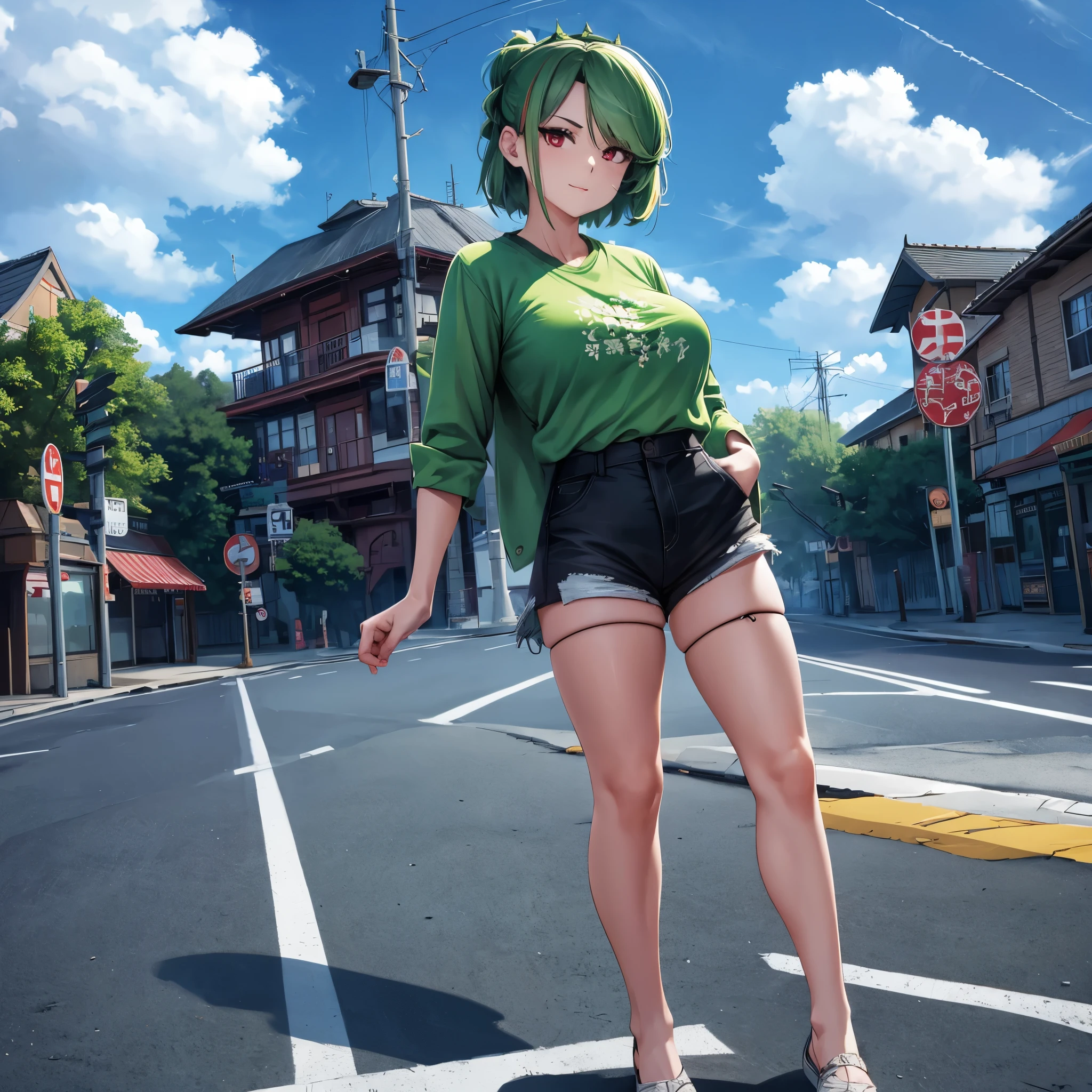 A woman wearing a green shirt with kanji written on the shirt, black denim shorts, black tights, long green hair, red eyes, walking on a sidewalk, overlooking the blue sky with clouds, big breasts, surrealism, cast shadow, anaglyph, stereogram, tachi-e, pov, atmospheric perspective, surrealism, flower, 8k, super detail, accurate, best quality, UHD, anatomically correct, textured skin, high quality, high resolution, best quality (female solo)