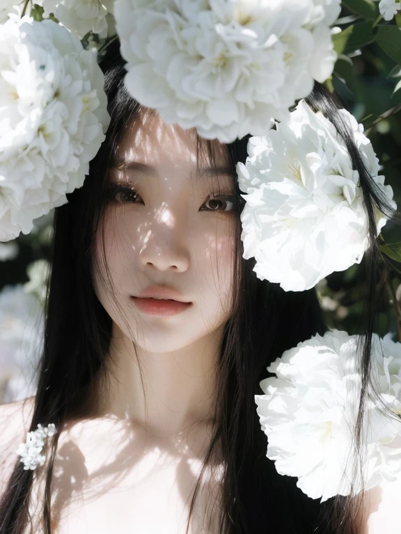 hay una mujer con una corona de flores en la cabeza, con flores, flores en su cabello oscuro, Wenfei Ye, con flores congeladas a su alrededor, mujer en flores, retrato de tormenta de flores, chica en flores, a young asian woman, diosa de las flores, asian guy, with ethereal flowering effects, flores en sus mejillas, Gemma Chen, inspirado en Xie Sun.