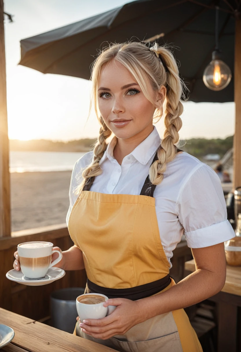 photo Raw. sexy beautiful blonde high pigtail BRA 36DD woman naked in apron offering a largest cup of steam coffee with strategically placed. outdoor coffee shop. sunrise on background at the beach. Abhorrent, terror, tenebrism, horror, repulsive, national geographic, detailed, realistic. 16k. perfect face, perfect hands, perfect body, anatomically complete
