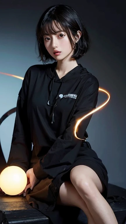((One girl)), anime, Short black hair,   Mouth closed and expressionless, Sitting, She holds a glowing sphere in her hand.、Two other glowing spheres orbit her..Facial details