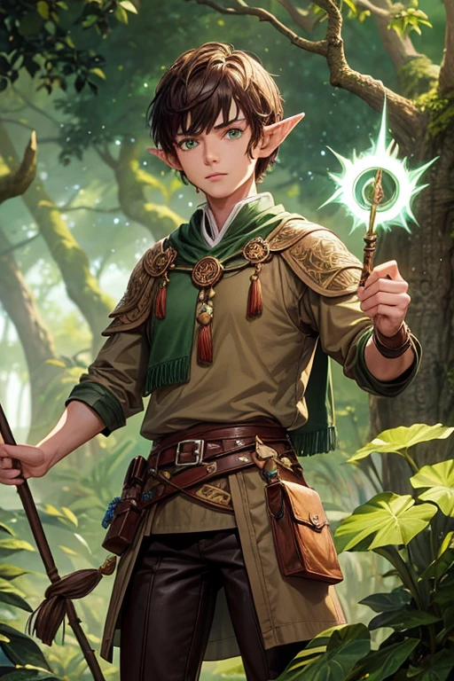 30 year old elf man with short spiky brown hair, short messy hairstyle with fringes, pointed elf ears, light druid medieval clothing, jade root ornaments, green eyes holding a staff, brown boots, brown. leather belt. roots decorations on the belt, forest background with magic symbols