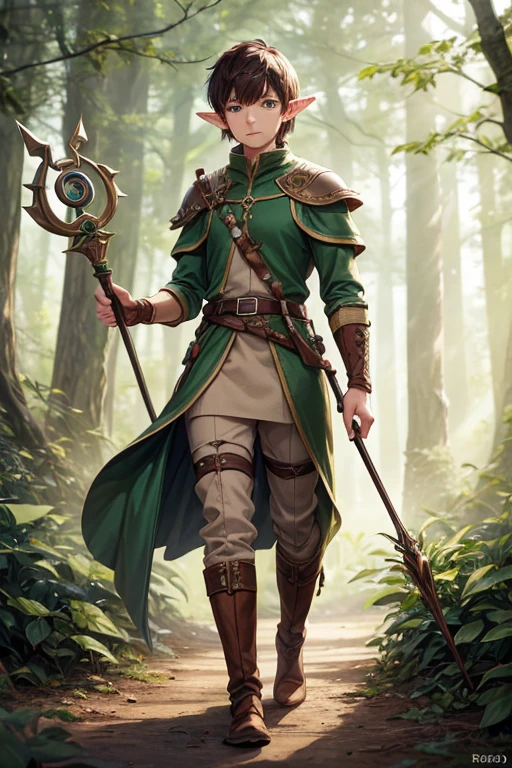 30 year old elf man with short spiky brown hair, short messy hairstyle with fringes, pointed elf ears, light druid medieval clothing, jade root ornaments, green eyes holding a staff, brown boots, brown. leather belt. roots decorations on the belt, forest background with magic symbols