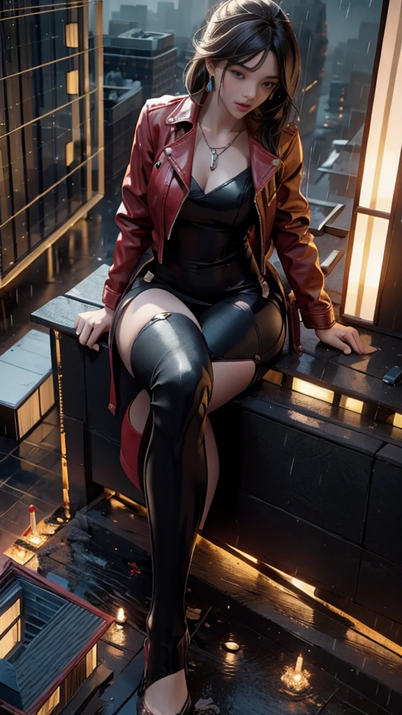 (32k, High resolution, highest quality, masterpiece, 超High resolution), (((Giantess Elements, Typhoon heavy rain))), From above, Perfect dynamic composition:1.0, ((night, In a ruined metropolis just feet high)), (Expressions of sadness:0.7), Highly detailed skin and facial textures:1.2, (Holding a sword:1.0, Towering Giant Young Woman:1.0, taller than a skyscraper:1.0, 400,000 feet high:1.5, Incredibly slim body:1.0), Fair skin, Sexy beauty, Very beautiful face, Water droplets on the skin, (The rain drips down on my body:0.5, Wet body:0.5, Wet Hair:0.5), ((Red Leather Jacket:1.0, Tight black leather pants:1.0)), Shapely breasts, Chest gap, Big eyes that exude beautiful eroticism, Lips that exude beautiful eroticism, necklace, Earrings, bracelet, wedding ring, clock, ribbon, High heels, Full body portrait, (Ruined City, ruins, Burning Small Town, rubble), ((Major impact, Emphasizing the majesty and power of giants, Increase the destructive element, Lower the building, Making cities smaller))