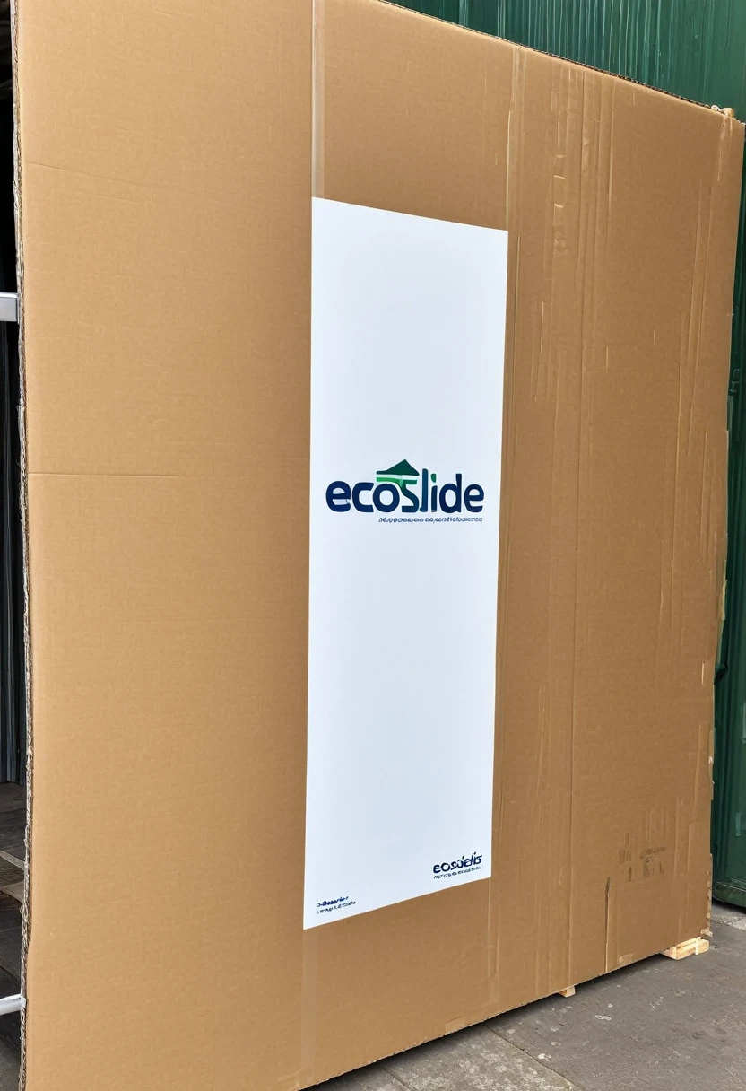 Cardboard packaging where a door with ecoslide logo will be transported