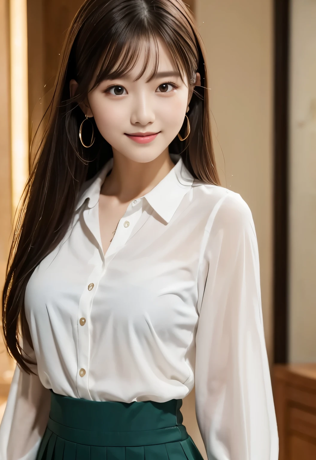 masterpiece, best quality:1.1), (8k, raw photo, photo realistic:1.2, f22), (shiny skin), detailed skin,long hair,detailed face, detailed eyes,smile,BREAK, real world, intricate details, smil, BREAK, 1girl, full body,(blouse,skirt)BREAK, (sea:1.4)