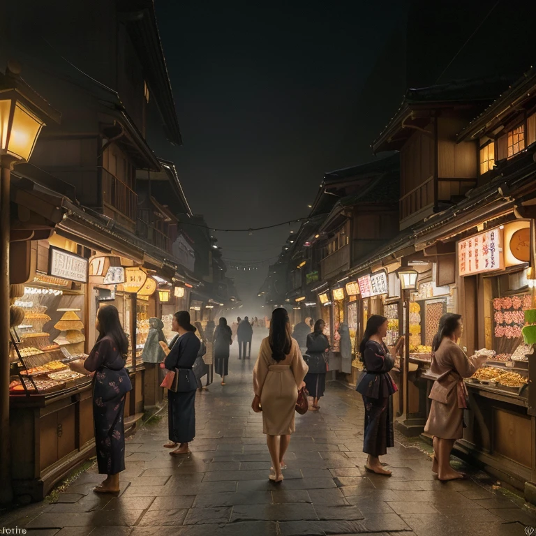 (best quality,4k,8k,highres,masterpiece:1.2),ultra-detailed,(realistic,photorealistic,photo-realistic:1.37),nighttime,Japan, mist, illuminating lights, tranquil atmosphere, bustling city, a girl in traditional kimono, detailed cherry blossom trees, shimmering reflections on the river, neon signs, softly glowing lanterns, foggy streets, narrow alleys, ancient temples, street vendors selling delicious food, crowded markets, mysterious and enchanting scenery.