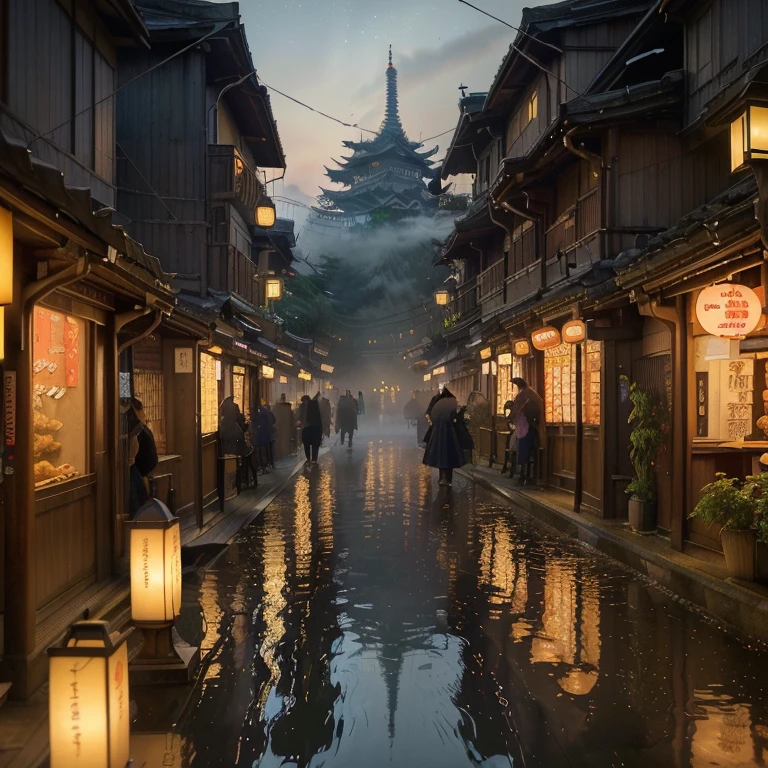 (best quality,4k,8k,highres,masterpiece:1.2),ultra-detailed,(realistic,photorealistic,photo-realistic:1.37),nighttime,Japan, mist, illuminating lights, tranquil atmosphere, bustling city, a girl in traditional kimono, detailed cherry blossom trees, shimmering reflections on the river, neon signs, softly glowing lanterns, foggy streets, narrow alleys, ancient temples, street vendors selling delicious food, crowded markets, mysterious and enchanting scenery.