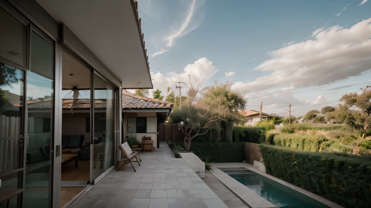 prompt:uma casa moderna, de concreto aparente vidros cantos fortes e uma beleza estontiante, bastante vejetacao e um riacho a direita, the sky is cloudy but the light is strong