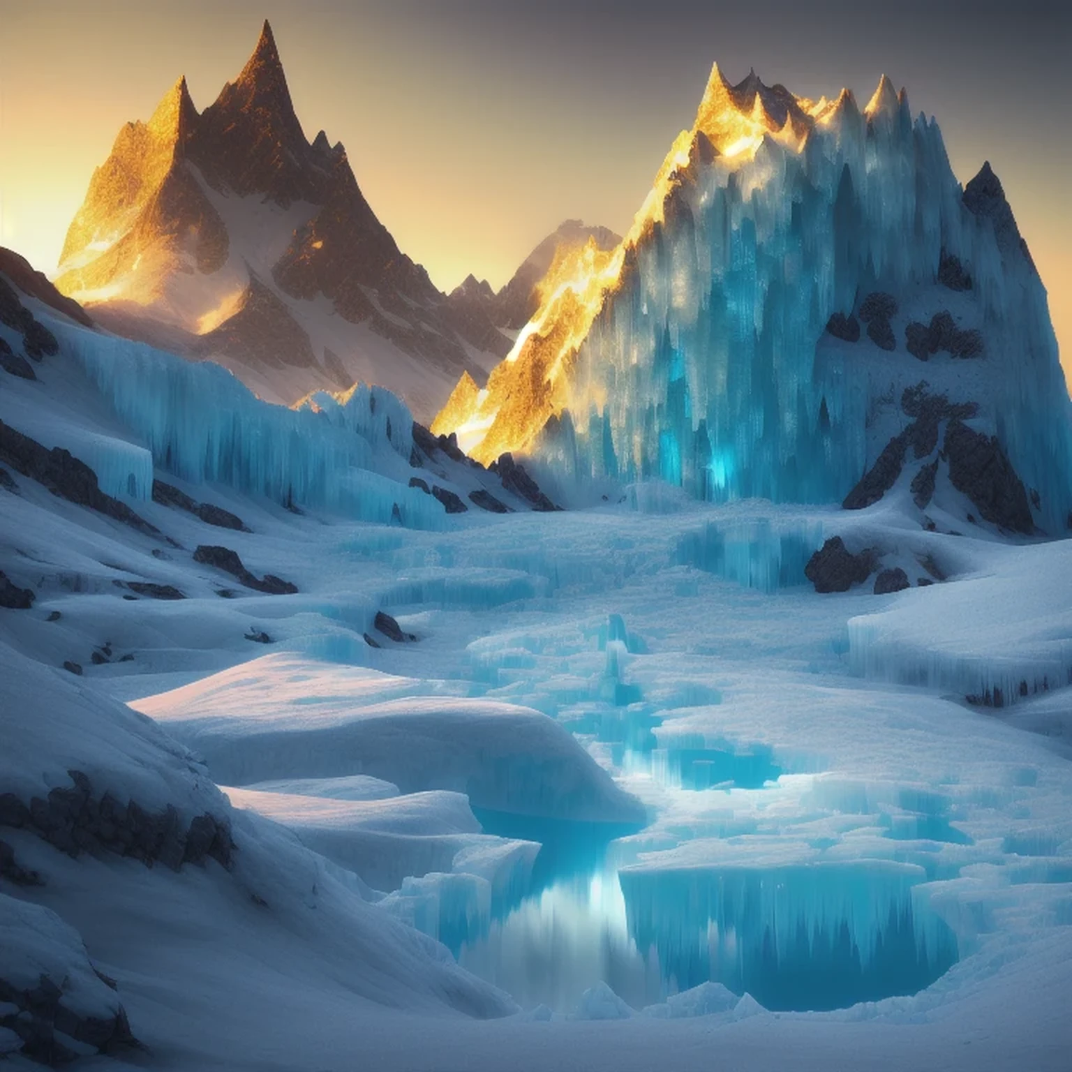 mountains with ice and snow are shown in this image, industrial futuristic ice mine, inspired by Mike Winkelmann, with a snowy mountain and ice, extravagant matte painting, luminescent matte painting, glowing crystal cave, inspired by Michal Karcz, golden mountain in the desert, icy mountains, glacier, surreal frozen landscape, elaborate matte painting,mountains and icebergs in a vast expanse of snow, icy mountains, surreal frozen landscape, rendered in redshift, gorgeous 3d render, ice mountains in the background, ice mountains afar, marc adamus, stuning fantasy 3 d render, by Alexander Kucharsky, inspired by Mike Winkelmann, glacier landscape, impressive fantasy landscape, beautiful render of a landscape