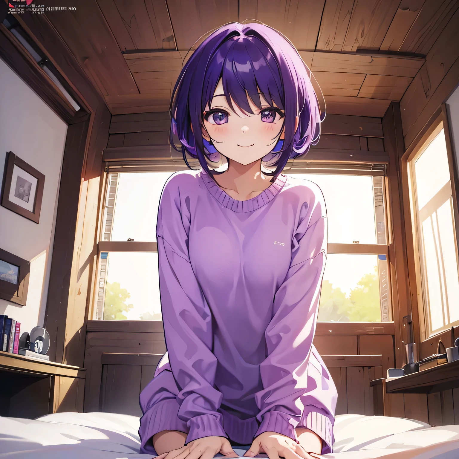 (T Masterpiece，4k wallpaper，Best Quality))、((girl１people))、(solo)、Bright and Brilliant，(Purple Hair)、(Shortcuts:1.3)、smile、Bedroom、sweater、morning