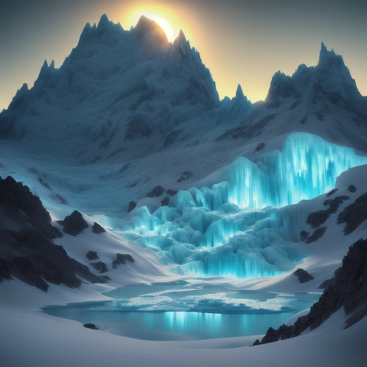 mountains with ice and snow are shown in this image, industrial futuristic ice mine, inspired by Mike Winkelmann, with a snowy mountain and ice, extravagant matte painting, luminescent matte painting, glowing crystal cave, inspired by Michal Karcz, golden mountain in the desert, icy mountains, glacier, surreal frozen landscape, elaborate matte painting，mountains and icebergs in a vast expanse of snow, icy mountains, surreal frozen landscape, rendered in redshift, gorgeous 3d render, ice mountains in the background, ice mountains afar, marc adamus, stuning fantasy 3 d render, by Alexander Kucharsky, inspired by Mike Winkelmann, glacier landscape, impressive fantasy landscape, beautiful render of a landscape