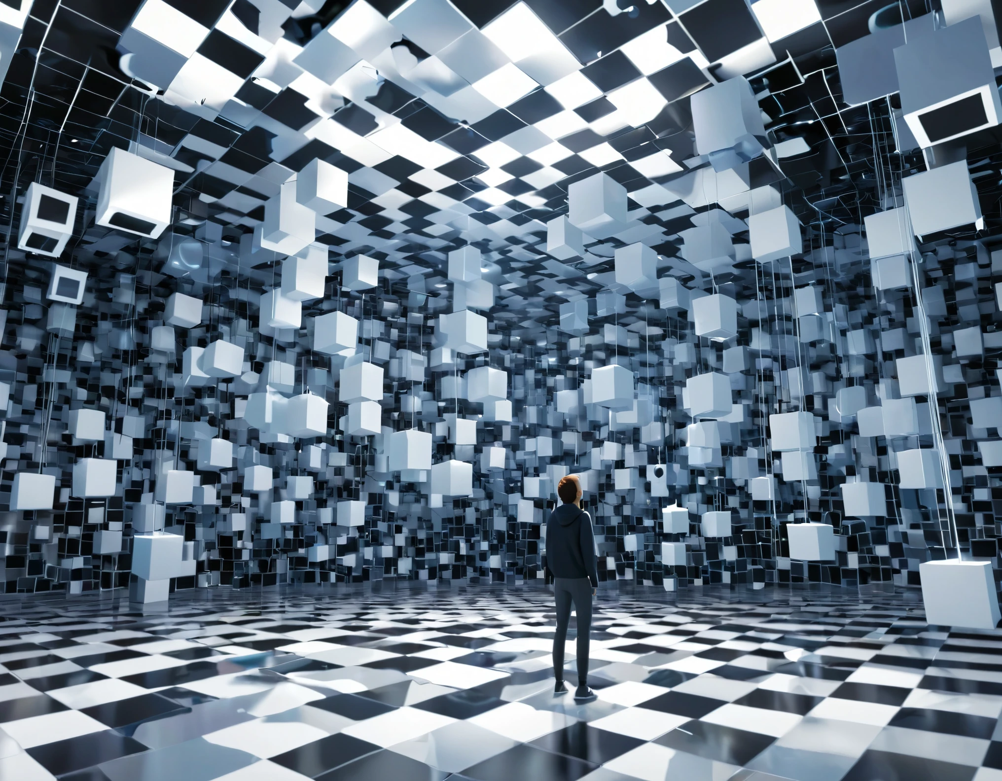 Some cubes are suspended in three-dimensional space, and a person standing with their back to the picture looks up. The whole body is like a 3D rendering, with 3D cartoon characters, central composition, blender, 4K, and a sense of technology