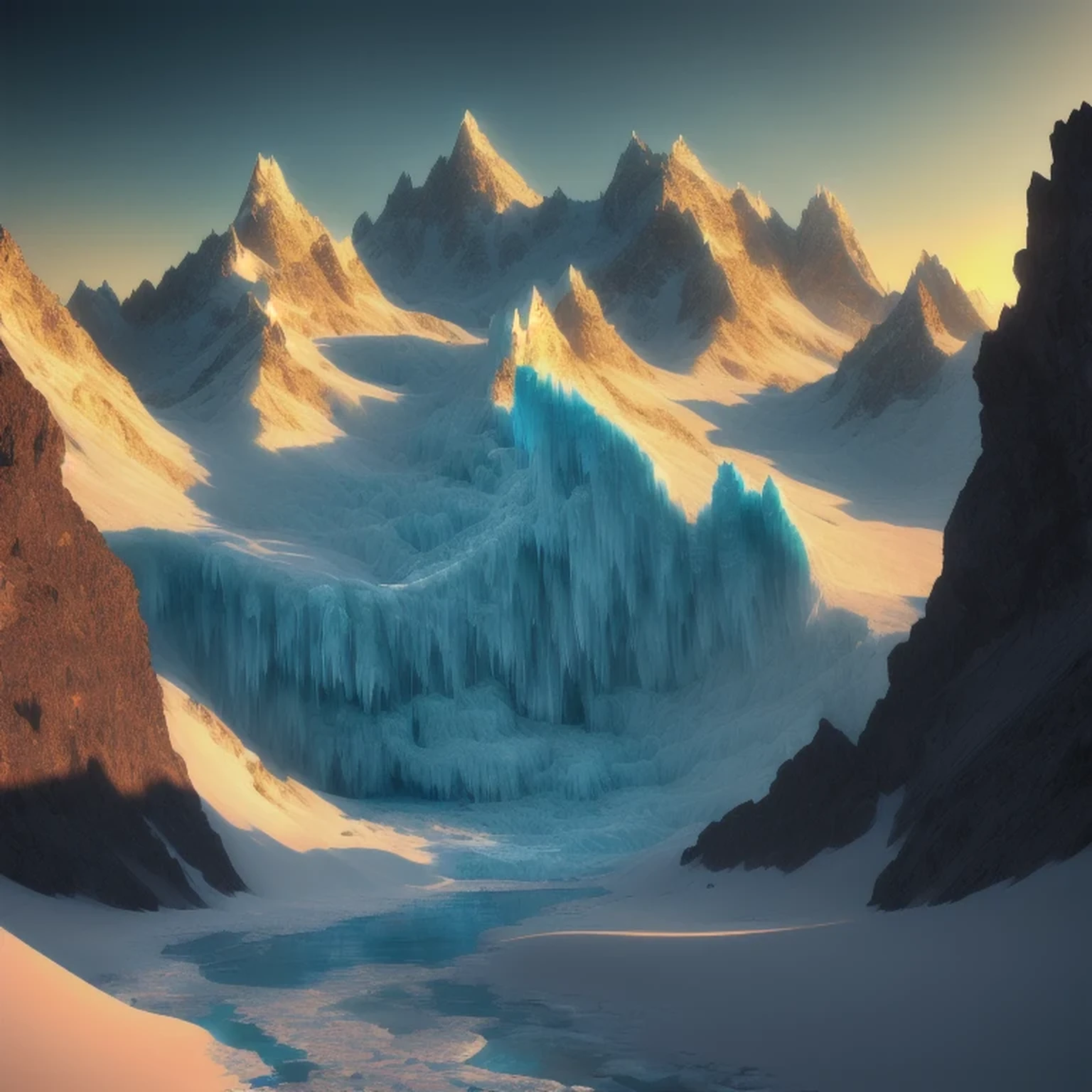 mountains with ice and snow are shown in this image, industrial futuristic ice mine, inspired by Mike Winkelmann, with a snowy mountain and ice, extravagant matte painting, luminescent matte painting, glowing crystal cave, inspired by Michal Karcz, golden mountain in the desert, icy mountains, glacier, surreal frozen landscape, elaborate matte painting，mountains and icebergs in a vast expanse of snow, icy mountains, surreal frozen landscape, rendered in redshift, gorgeous 3d render, ice mountains in the background, ice mountains afar, marc adamus, stuning fantasy 3 d render, by Alexander Kucharsky, inspired by Mike Winkelmann, glacier landscape, impressive fantasy landscape, beautiful render of a landscape