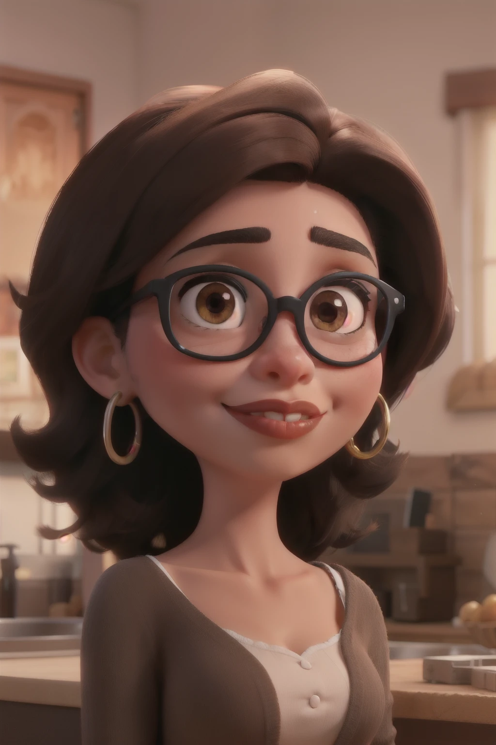 Mujer morena, de cabello corto negro, big brown eyes with eyeglasses big red lips