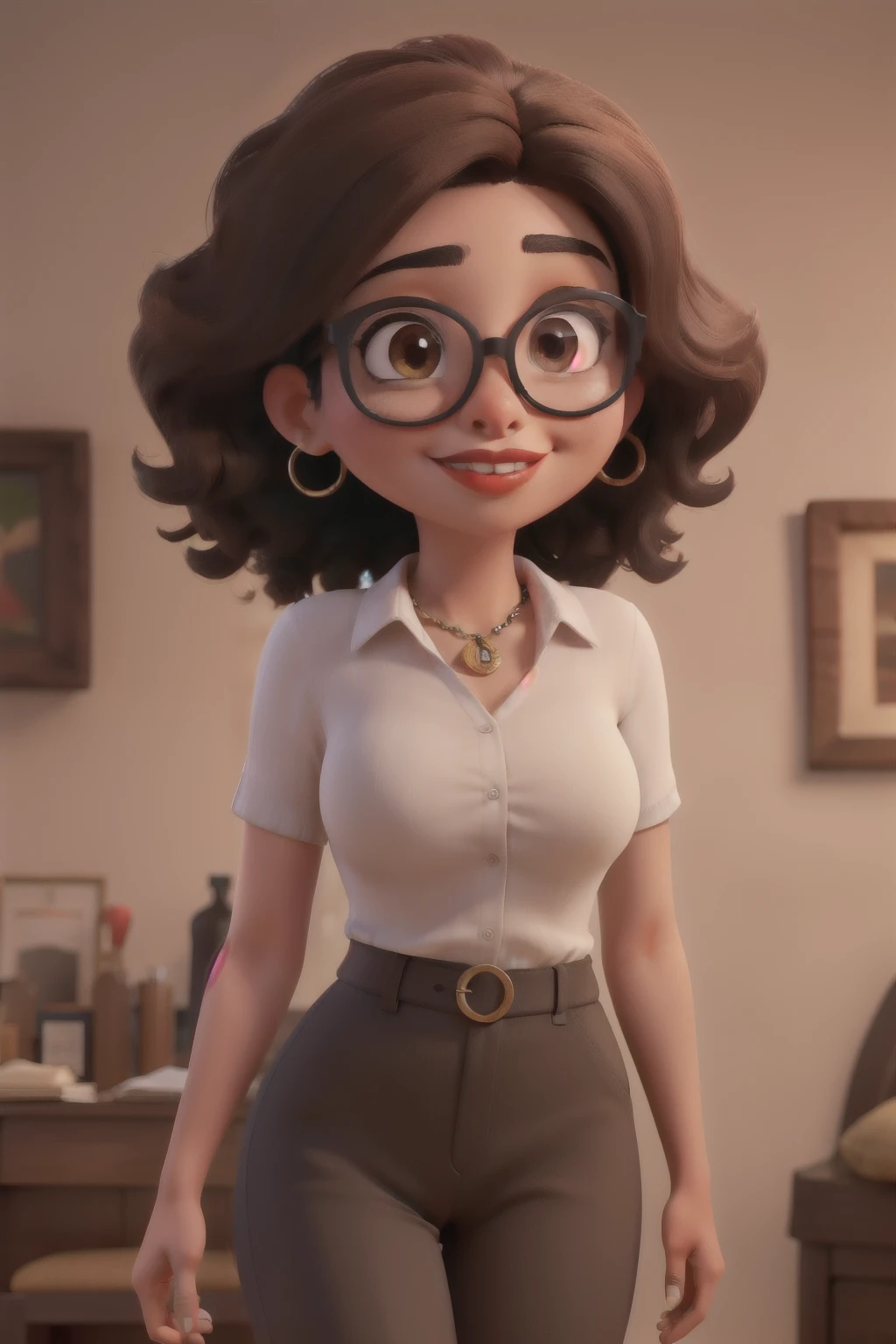 Mujer morena, de cabello corto negro, big brown eyes with eyeglasses big red lips