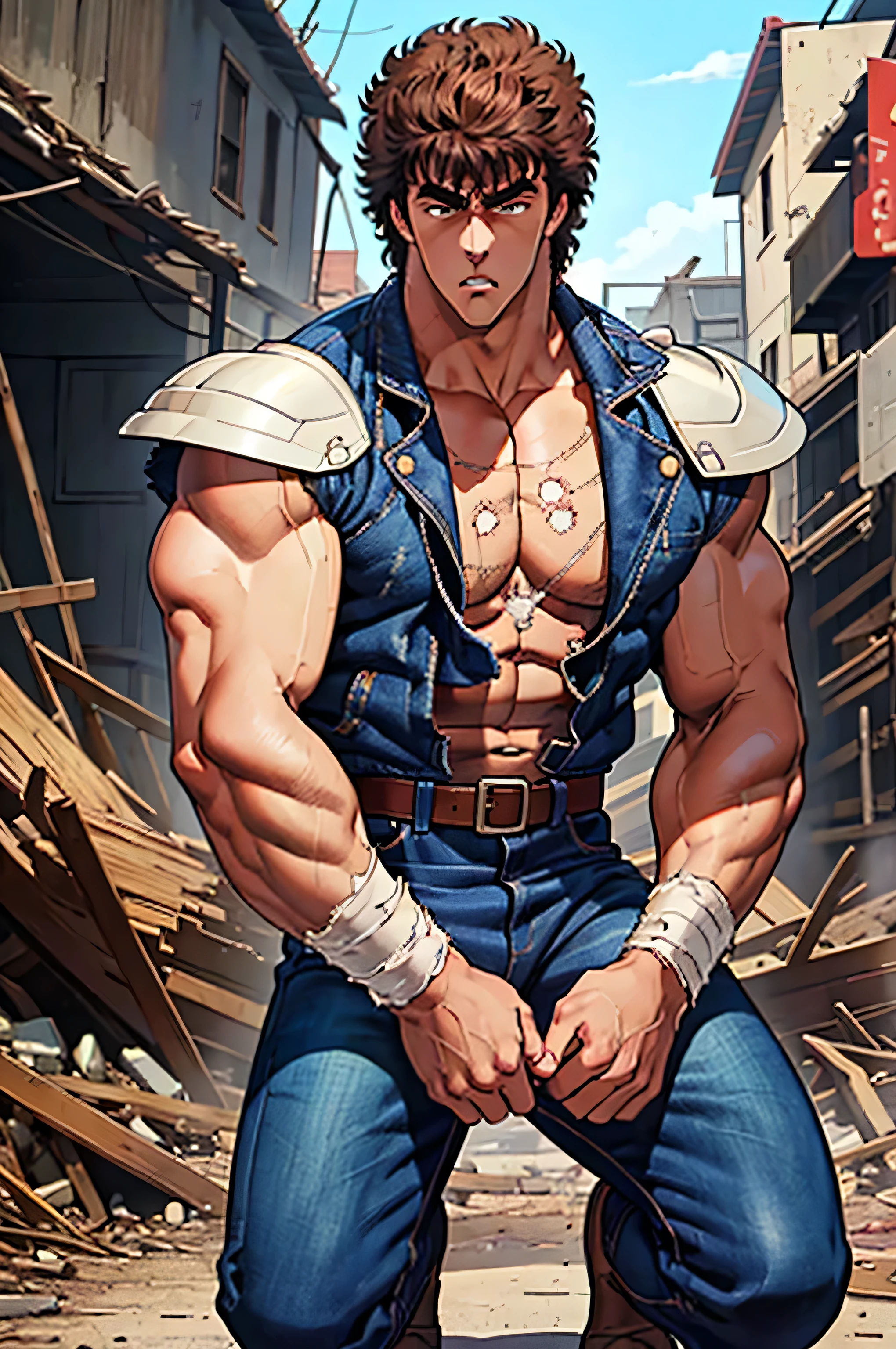 (masterpiece, highest quality, 16ｋAnime image quality, High resolution, Anime Style, Clean brush strokes, Very detailed, Perfect Anatomy), 1 person, alone,((kenshirou)), Detailed face, Fine grain, Black Hair, Brown eyes, bangs, Visible thick eyebrows、Angry face, Cowboy Shot,Large pectoral muscles:1.6, (Blue jean jacket、Metal shoulder guard、Red shirt inside、Torn), Big Dipper wound on the chest、A magnificent cleavage of the pectoral muscles, Great abs: 1.6, Tight waist:1.6, Buttocks:1.5, (Jeans pants＿Break:0.3, Navy blue、old), (Finding_stance, Raise one knee),Looking at the audience,Background of a ruined city、Dilapidated road、Destroyed building 、I can see the wilderness, alone, 