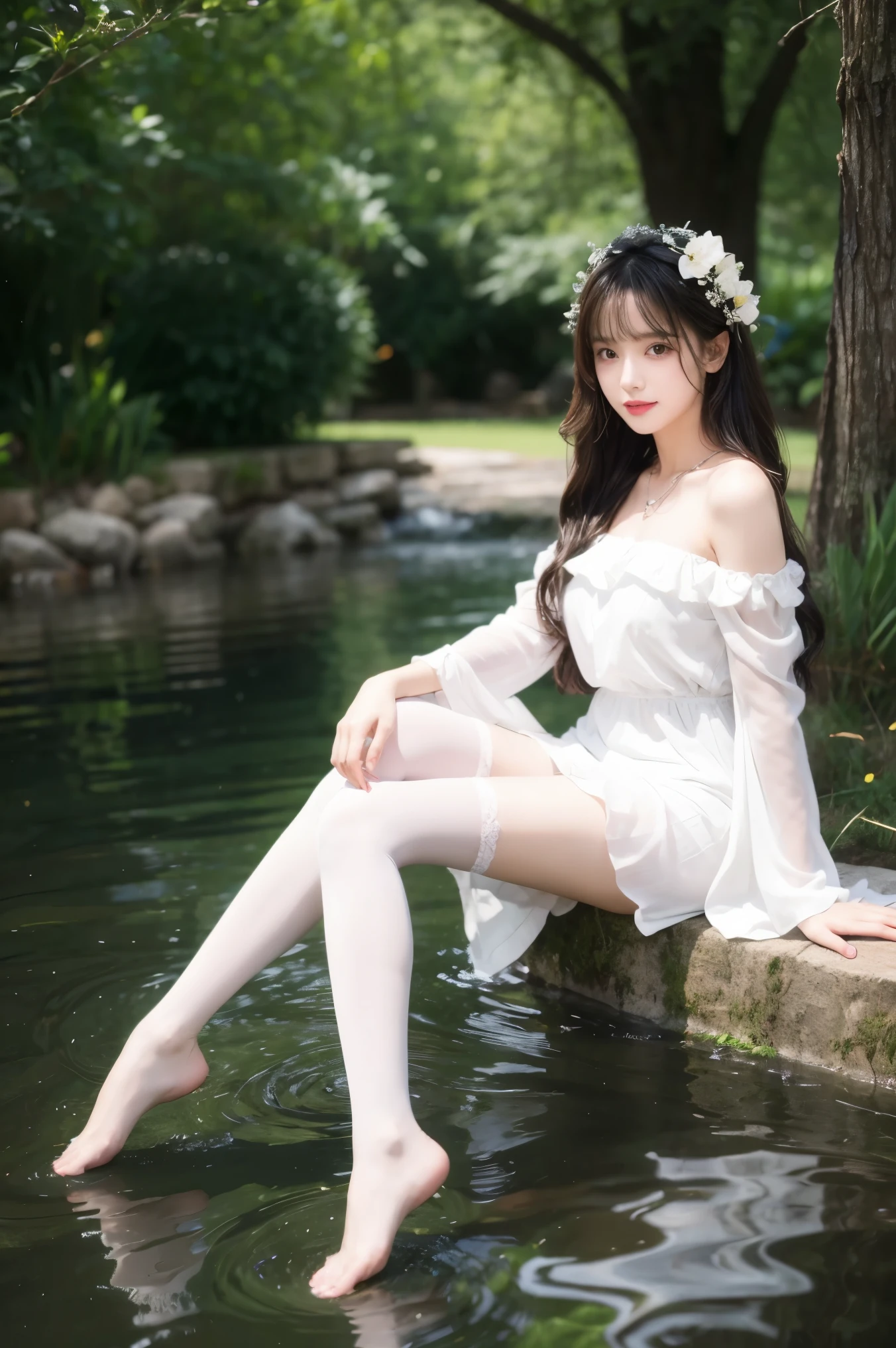 1girl, solo, long hair, flower, thighhighs, yellow eyes, white thighhighs, water, looking at viewer, tree, sitting, bare shoulders, barefoot, branch, very long hair, ass, reflection, veil, bangs, dress, off shoulder, jewelry, smile, breasts, white hair, full body, long sleeves, thighs, wide sleeves, necklace, fur trim, knee up, night, feet, white dress, pink flower, anklet, parted lips, hand up, hair ornament, ripples