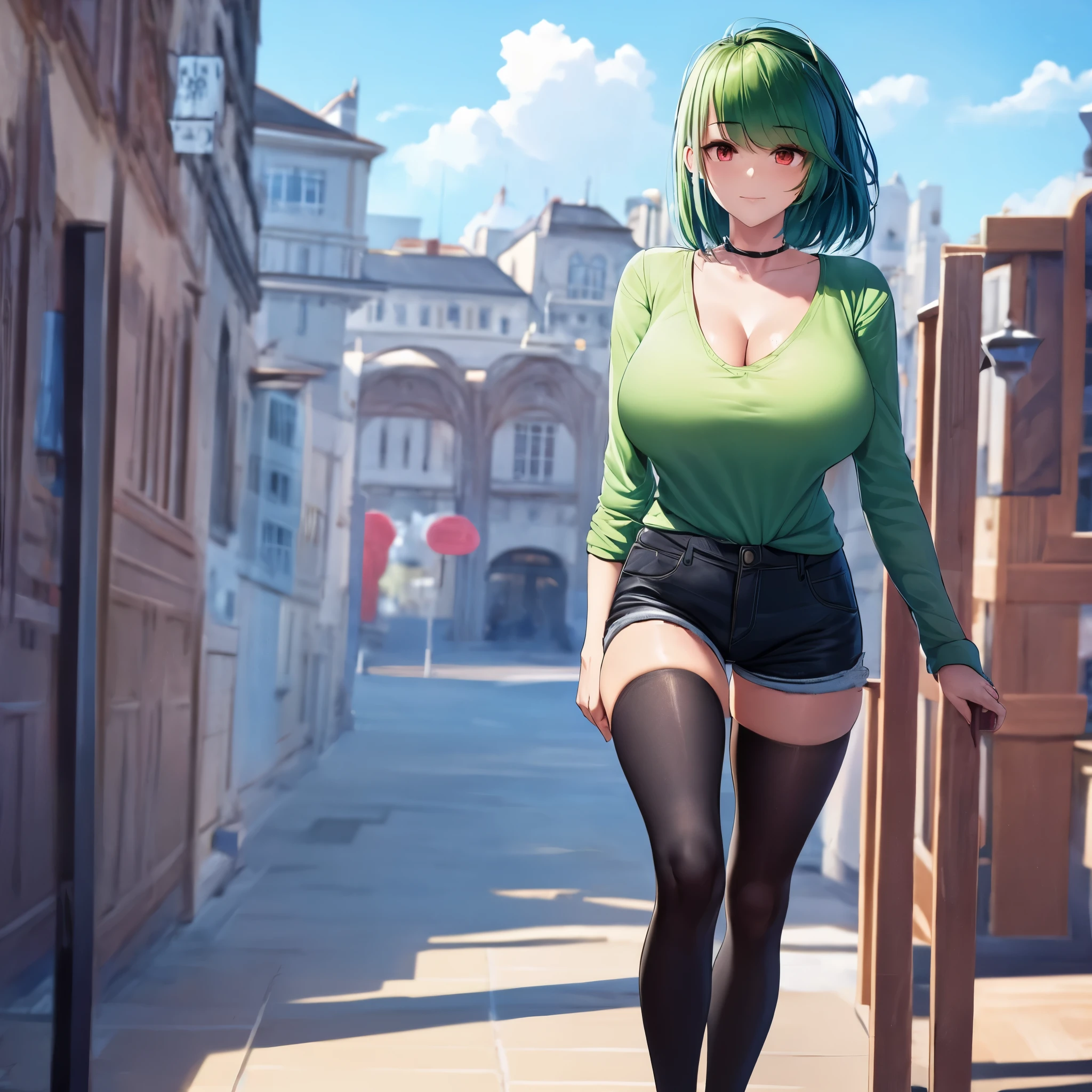 A woman wearing a green shirt with kanji written on the shirt, black denim shorts, black tights, long green hair, red eyes, walking on a sidewalk, overlooking the blue sky with clouds, big breasts, surrealism, cast shadow, anaglyph, stereogram, tachi-e, pov, atmospheric perspective, surrealism, flower, 8k, super detail, accurate, best quality, UHD, anatomically correct, textured skin, high quality, high resolution, best quality (female solo)
