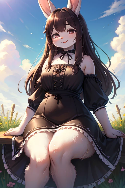 hairy Holland Lop mom , (glimpse realistic hairy rabbit legs:1.3) , round face , (tilt face:1.1) , (half-open eyes:1.5) , moist round eyes , Swollen cheeks , dark color hair , long hair , euphoria smile , glossy lips , gothic summer dress ,world of Alice in Wonderland , Hair fluttering in the wind , elegant pose , dynamic angle , sit