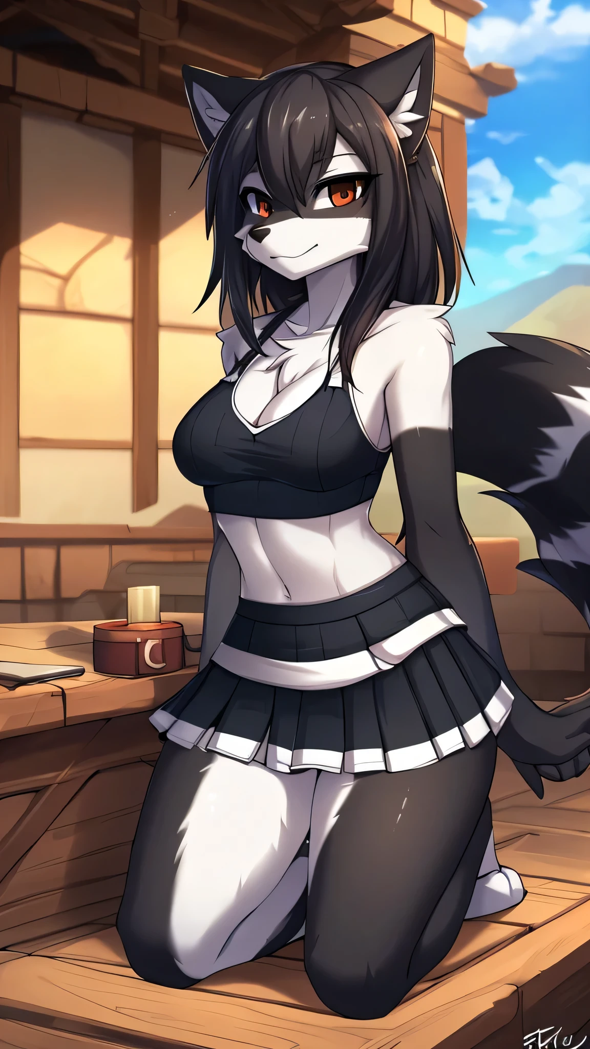 By zinfyu,by twistedscarlet60, uploaded on pixiv, by fluff-kevlar, (masterpiece), (best quality), (anthro furry:1.3, snout:1.2, anthro:1.3, furry:1.2, solo female:1.2), (extremely detailed:1.3),(checkpoint model:1.3),(detailed eye),(Beautiful face), raccoon, wearing crop top and skirt, Black striped, black striped on face black striped on body, gray mix black body and face colour, black colour around eye
