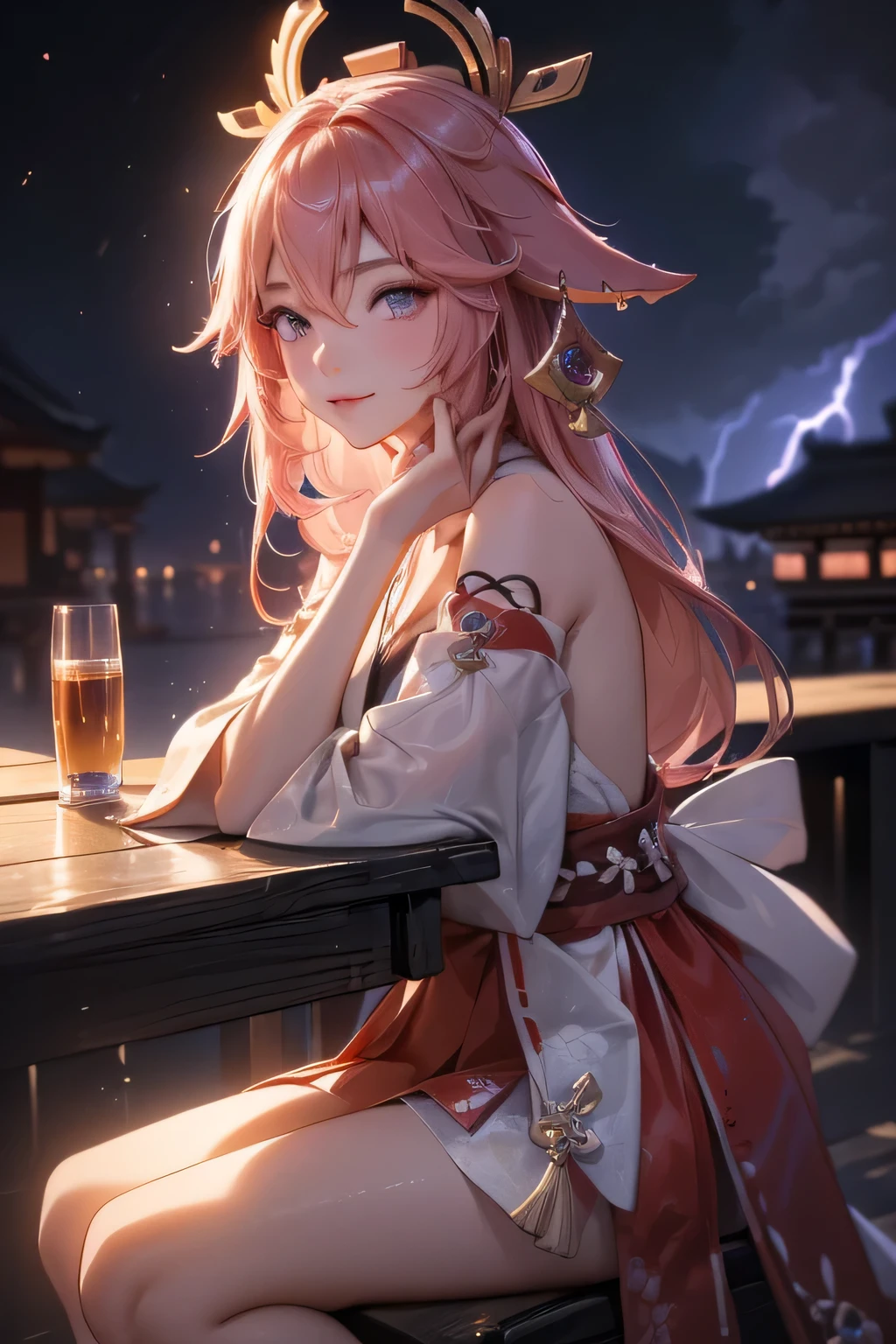 ((yaemikodef)):1.5,((masterpiece,highest quality,Highly detailed images,Beautiful images))1.4(Image of Yae Miko smiling in front of lightning、Extreme Lightning、Overall dim lighting、Backlight、Fantastic dark atmosphere、Thick Fog、Dust flutters)1.3,(Yae Miko is sitting cross-legged on a wooden chair.)1.2