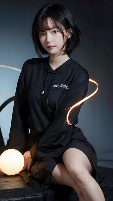 ((One girl)), anime, Short black hair, Mouth closed and expressionless, Sitting, She holds a glowing sphere in her hand.、Two other glowing spheres orbit her..Facial details