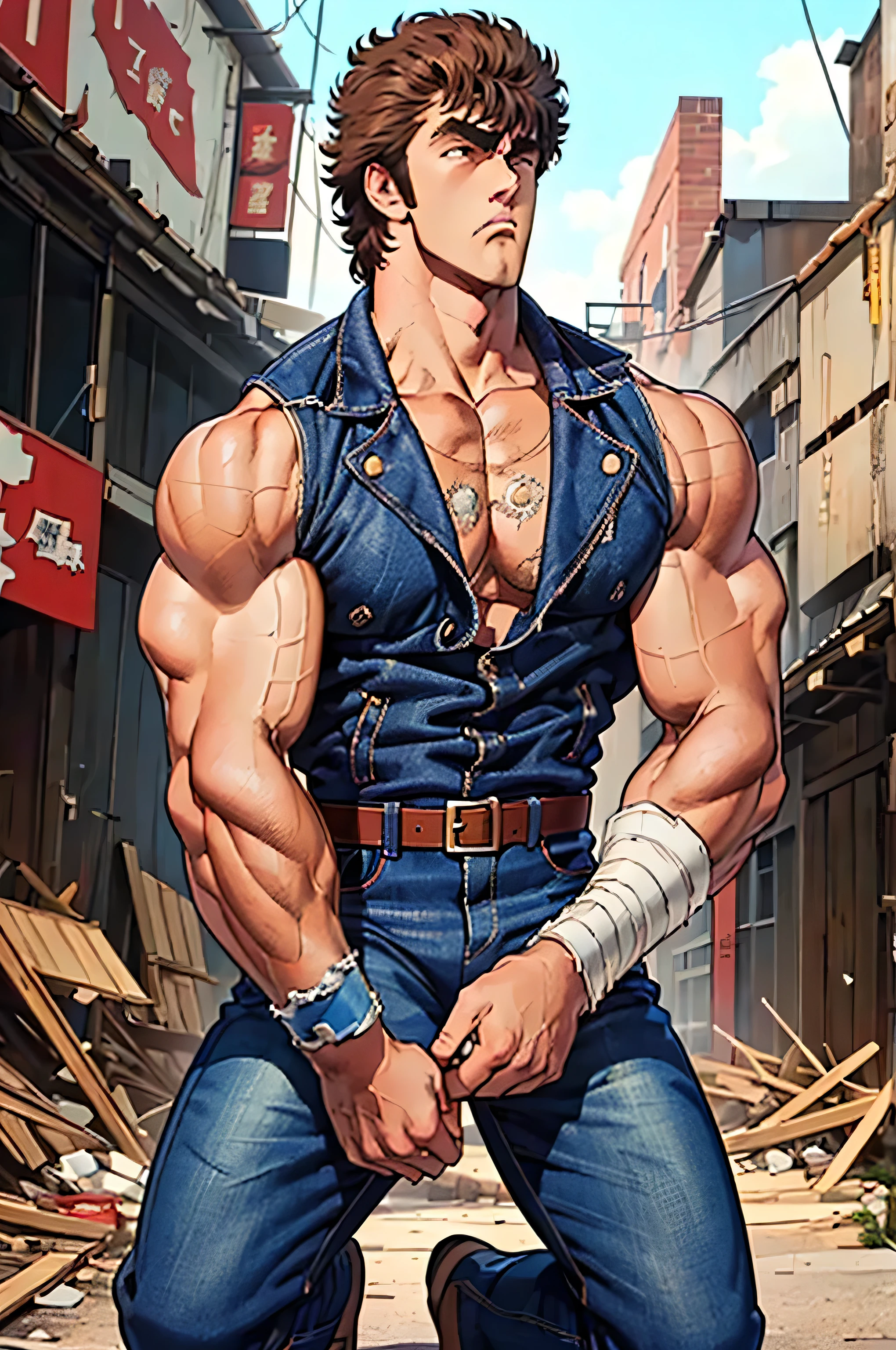 (masterpiece, highest quality, 16kAnime image quality, High resolution, Anime Style, Clean brush strokes, Very detailed, Perfect Anatomy), 1 person, alone,((kenshirou)), Detailed face, Fine grain, Black Hair, Brown eyes, bangs, Visible thick eyebrows、Angry face, Cowboy Shot,Large pectoral muscles:1.6, (Blue jean jacket、Metal shoulder guard、Red shirt inside、Torn), Big Dipper wound on the chest、A magnificent cleavage of the pectoral muscles, Great abs: 1.6, Tight waist:1.6, Buttocks:1.5, (Jeans pants_Break:0.3, Navy blue、old), (Finding_stance, Raise one knee),Looking at the audience,Background of a ruined city、Dilapidated road、Destroyed building 、I can see the wilderness, alone,