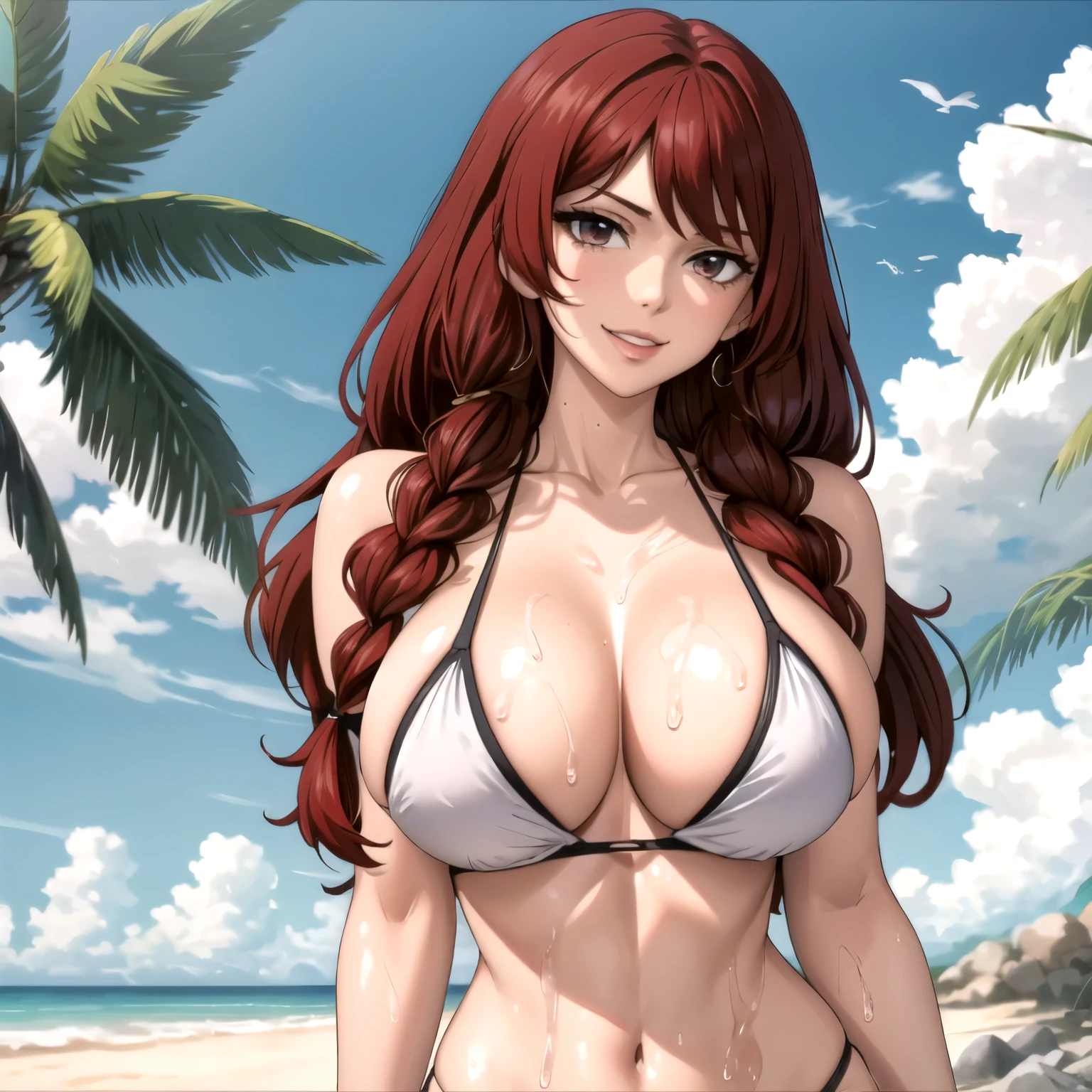 woman 30 years old crimson red hair, pechos grandes, ojos rojos. sonrisa maliciosa, bikini rojo, background a tropical beach sunny day. largo. gotas de agua en su cuerpo completo.