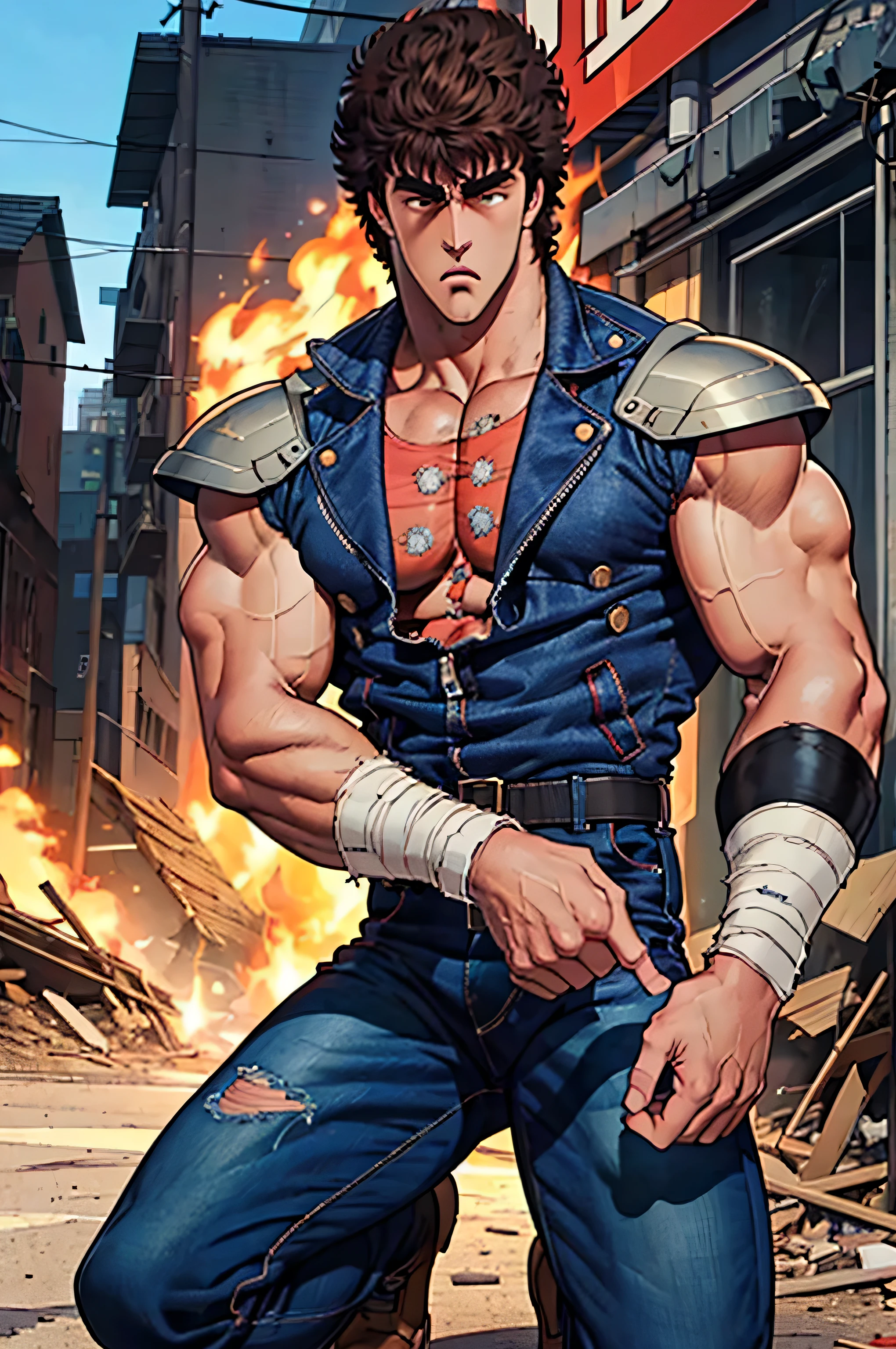 (masterpiece, highest quality, 16kAnime image quality, High resolution, Anime Style, Clean brush strokes, Very detailed, Perfect Anatomy), 1 person, alone,((kenshirou)), Detailed face, Fine grain, Black Hair, Brown eyes, bangs, Visible thick eyebrows、Angry face, Cowboy Shot,Large pectoral muscles:1.6, (Blue jean jacket、Metal shoulder guard、Red shirt inside、Torn), Big Dipper wound on the chest、A magnificent cleavage of the pectoral muscles, Great abs: 1.6, Tight waist:1.6, Buttocks:1.5, (Jeans pants_Break:0.3, Navy blue、old), (Finding_stance, Raise one knee),Looking at the audience,Background of a ruined city、Dilapidated road、Destroyed building 、I can see the wilderness, alone,