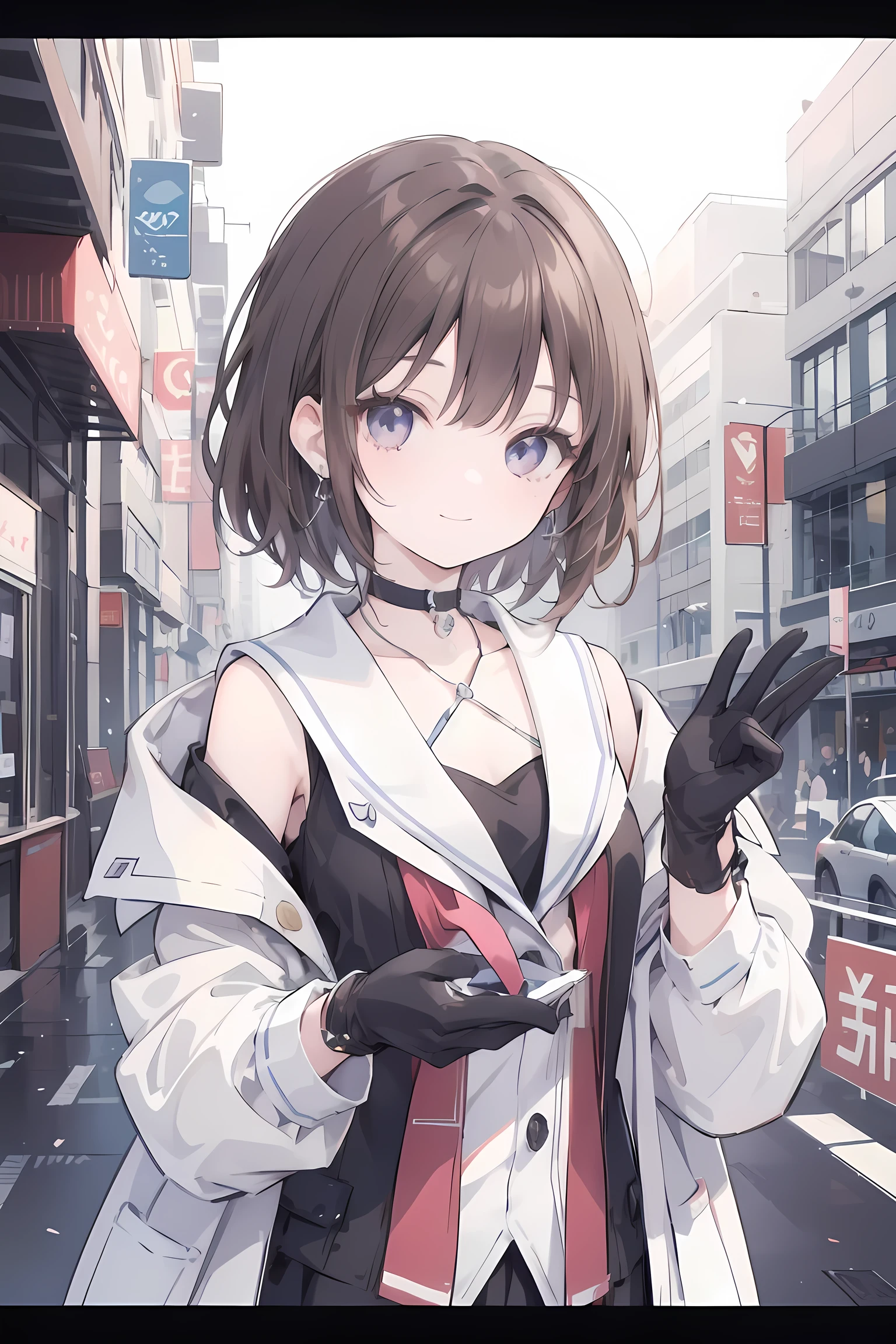 1girl, anime_coloring, black_eyes, black_gloves, brown_hair, choker, earrings, gloves, jewelry, letterboxed, parody, short_hair, smile, solo, style_parody,  