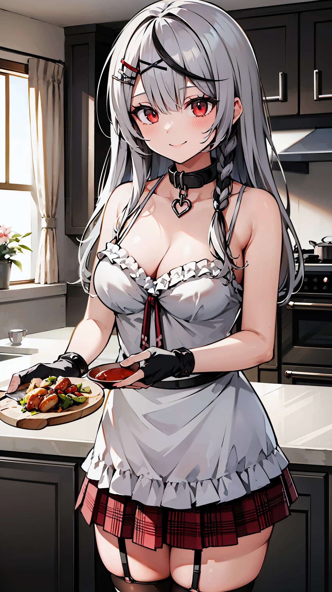 ((masterpiece, best quality, highres)), depth of field, 
BREAK, 1girl, standing behind the kitchen, (cooking:1.3), smile, 
BREAK, (indoors, kitchen), Dishes served on a plate,     
BREAK, (sakamata chloe, garter straps, fingerless gloves, torn thighhighs, grey hair, multicolored hair, plaid skirt, cleavage, x hair ornament, red skirt, black collar, white camisole, white apron, breasts, braid, black belt, long hair), ((red eyes)), ((Beautiful detailed eyes))