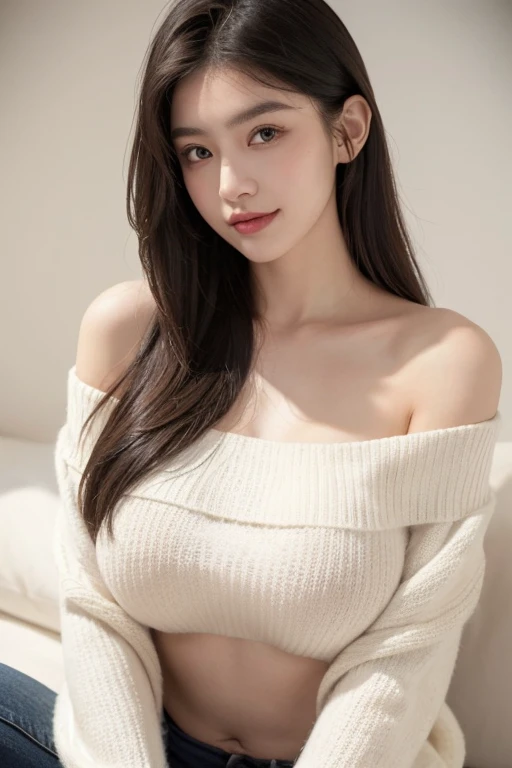 Two 20-year-old women, sweater, Dark Theme, Calm tone, Calm colors, High Contrast, (Natural skin texture, Hyperrealism, Soft Light, sharp), Simple Background, slim body with Large Breasts, (Large Breasts: 1.6) Wear tight off-the-shoulder clothing, Two Girls, hugeなおっぱい, Large Breasts, Chest is larger than torso, using white sweater, using black , huge breast, huge , A kind smile, Sitting
