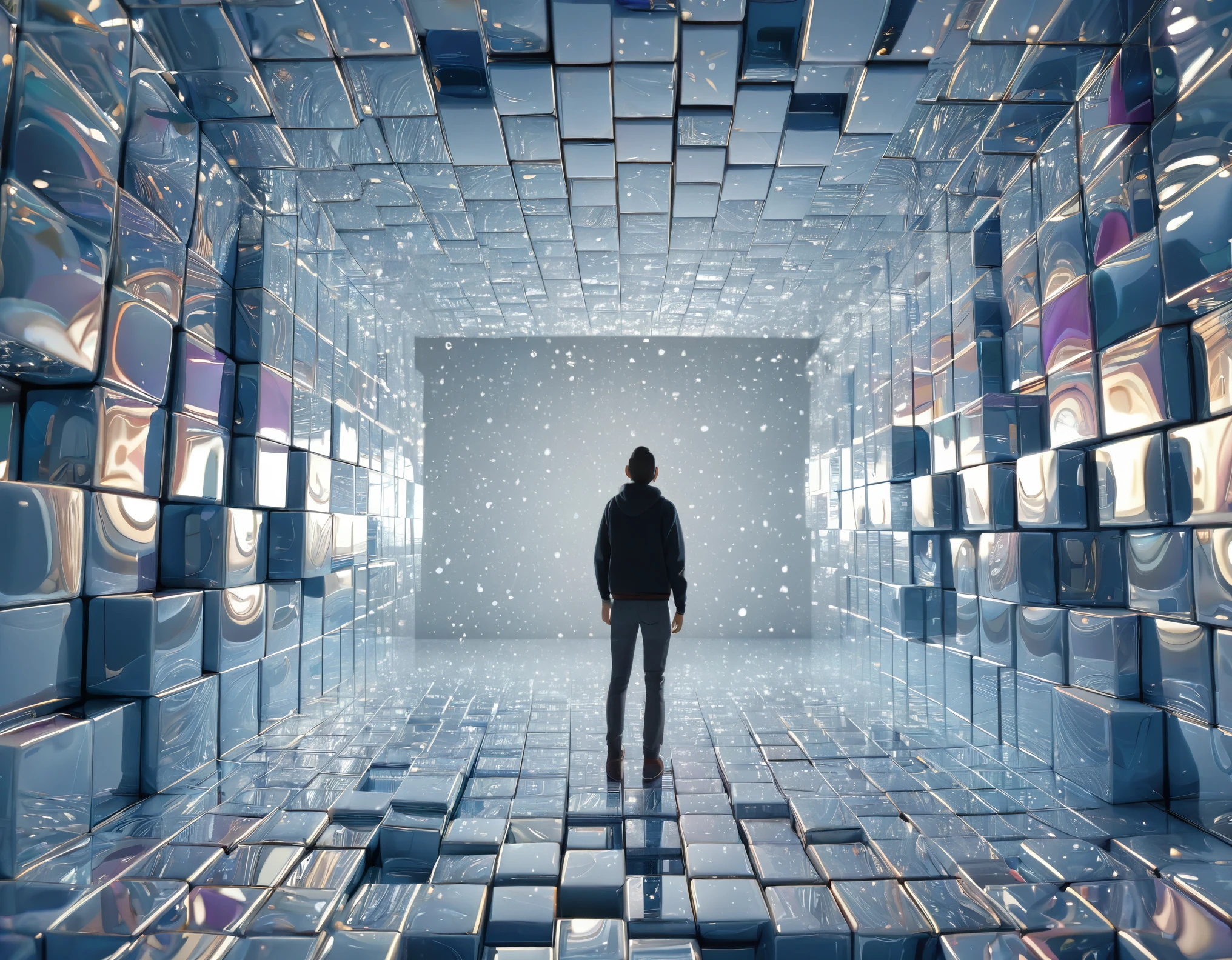 Some cubes are suspended in three-dimensional space, and a person standing with their back to the picture looks up. The whole body is like a 3D rendering, with 3D cartoon characters, central composition, blender, 4K, and a sense of technology