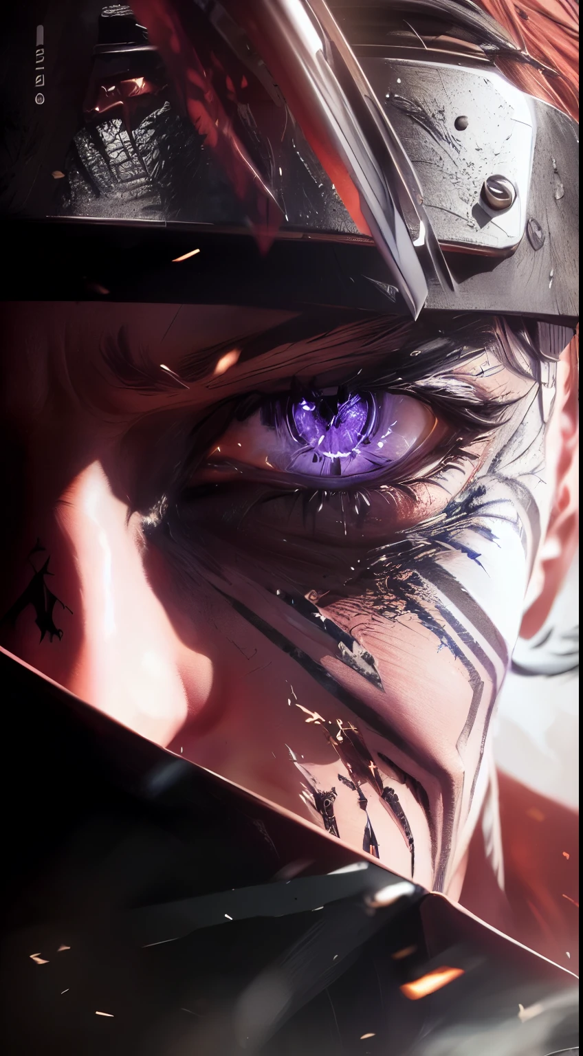 anime character with a knife in his hand and a bloody face, sekiro, 4k concept art and hyper realism, badass anime 8 k, shinobi, joker looks like naruto, snk, joker as naruto, ultra realistic concept art, akihiko yoshida. unreal engine, inspired by Kanō Hōgai, tekken 7, trending on artstationhq (PURPLE EYES)