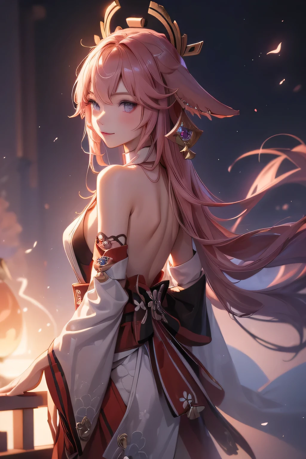 ((yaemikodef)):1.5,((masterpiece,highest quality,Highly detailed images,Beautiful images))1.4(Image of Yae Miko smiling in front of lightning、Extreme Lightning、Overall dim lighting、Backlight、Fantastic dark atmosphere、Thick Fog、Dust flutters)1.3,(Full body image of Yae Miko)1.2