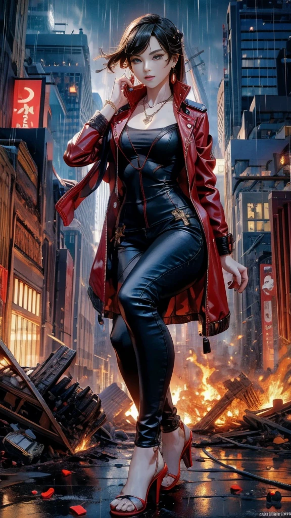 (32k, High resolution, highest quality, masterpiece, 超High resolution), (((Giantess Elements, Typhoon heavy rain))), From above, Perfect dynamic composition:1.0, ((night, In a ruined metropolis just feet high)), (Expressions of sadness:0.7), Highly detailed skin and facial textures:1.2, (Holding a sword:1.0, Towering Giant Young Woman:1.0, taller than a skyscraper:1.0, 400,000 feet high:1.5, Incredibly slim body:1.0), Fair skin, Sexy beauty, Very beautiful face, Water droplets on the skin, (The rain drips down on my body:0.5, Wet body:0.5, Wet Hair:0.5), ((Red Leather Jacket:1.0, Tight black leather pants:1.0)), Shapely breasts, Chest gap, Big eyes that exude beautiful eroticism, Lips that exude beautiful eroticism, necklace, Earrings, bracelet, wedding ring, clock, ribbon, High heels, Full body portrait, (Ruined City, ruins, Burning Small Town, rubble), ((Major impact, Emphasizing the majesty and power of giants, Increase the destructive element, Lower the building, Making cities smaller))
