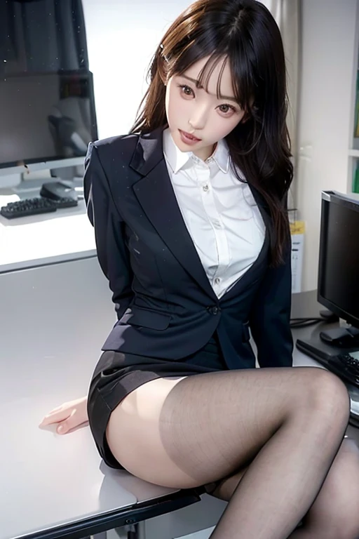 The final masterpiece、Realistic、Beautiful Face、Japanese women、30 years old、Office Ready、suit、Tight Skirt、Sheer black stockings、Sitting with legs apart、office:1,4