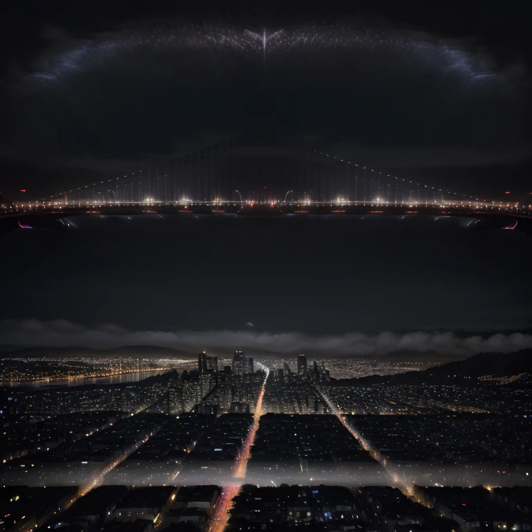 A city at night in San Francisco, (best quality,4k,highres:1.2),ultra-detailed,nighttime cityscape,shimmering lights,dreamlike atmosphere,city skyline,glowing reflections,urban landscape,moonlit sky,urban nightscape,dynamic composition,vibrant colors,skyscrapers reaching into the sky,streets bustling with activity,beautifully lit buildings,iconic landmarks,pulsating energy,nighttime traffic,trail of car lights,twinkling stars,waterfront view,Golden Gate Bridge in the distance,silhouette of the hills,serene bay waters,nighttime fog rolling in,prominent city lights,streets bathed in neon lights,expressive brushwork,modern impressionist style,dramatic contrasts of light and shadow,luminous glow,playful interplay of colors,nighttime ambiance with a touch of mystery and allure.