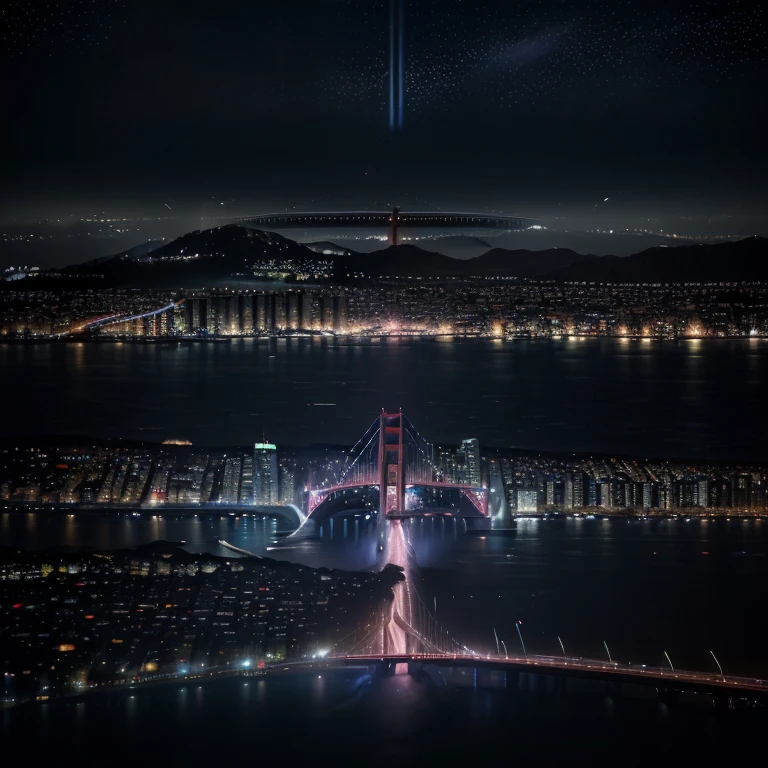 A city at night in San Francisco, (best quality,4k,highres:1.2),ultra-detailed,nighttime cityscape,shimmering lights,dreamlike atmosphere,city skyline,glowing reflections,urban landscape,moonlit sky,urban nightscape,dynamic composition,vibrant colors,skyscrapers reaching into the sky,streets bustling with activity,beautifully lit buildings,iconic landmarks,pulsating energy,nighttime traffic,trail of car lights,twinkling stars,waterfront view,Golden Gate Bridge in the distance,silhouette of the hills,serene bay waters,nighttime fog rolling in,prominent city lights,streets bathed in neon lights,expressive brushwork,modern impressionist style,dramatic contrasts of light and shadow,luminous glow,playful interplay of colors,nighttime ambiance with a touch of mystery and allure.