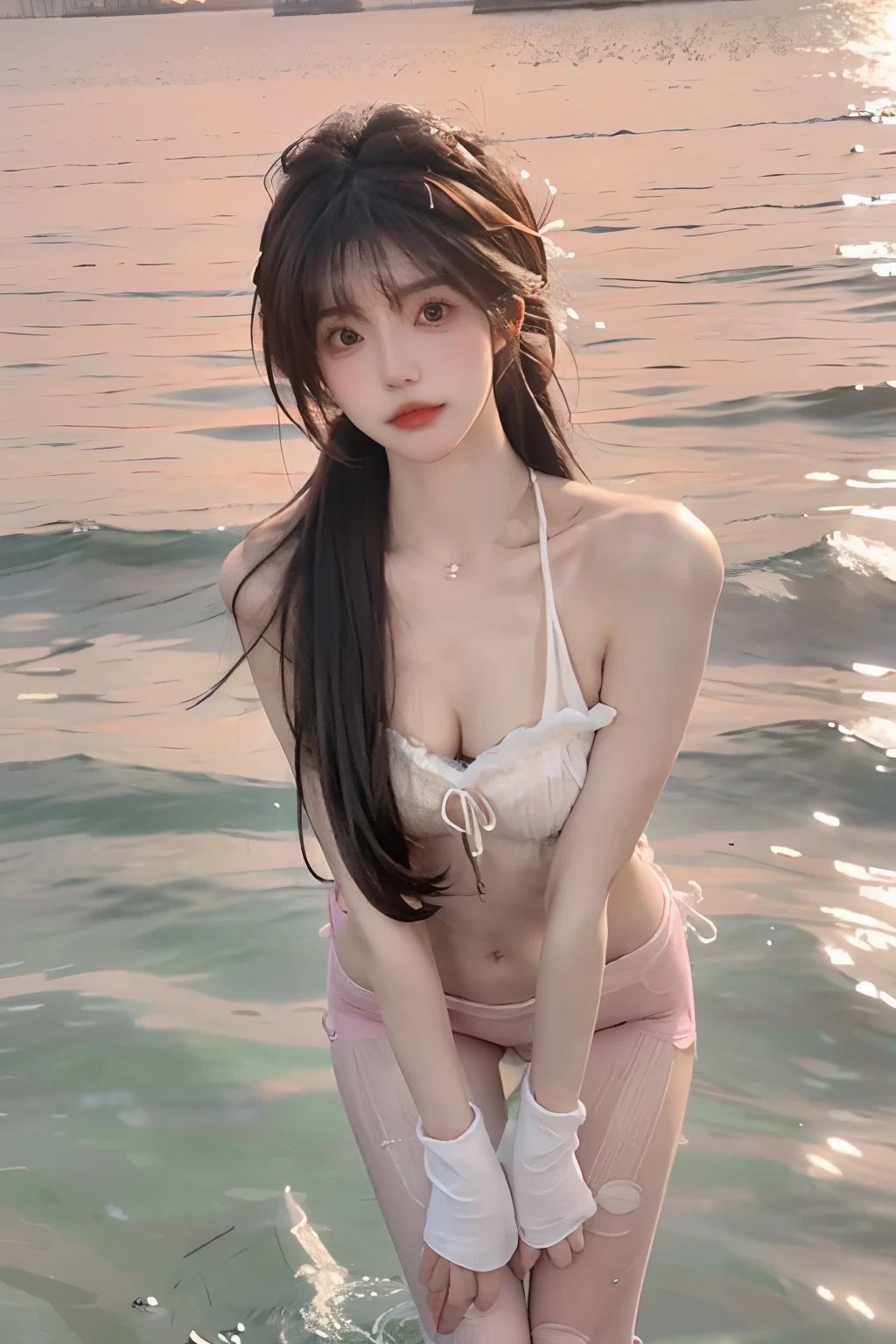 Beautiful woman with perfect body：1.4，Layered Hairstyle，Prominent cleavage，Highly detailed face and skin textures，Double eyelids，Skin Whitening，Long hair，Whitened long legs，Pink pantyhose，Standing by the sea