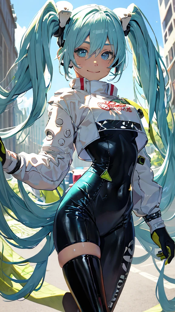 (masterpiece, highest quality), Backlight, Lens flare, Wide Shot, Fisheye Lens , (Face Focus, Depth of written boundary, close: 1.5), Super Detail, figure, colorful, (Fault Color: 1.3), (Immidshot: 1.3), video, Wide-angle, Upper Body, miku hatsune, big breasts, Spotless, Dark green hair, Twin tails, Very long hair, Put your arms behind your back, blue eyes, Glowing Eyes, Relaxed face, Eyebrow hair, Shiny Hair, Glowing Skin, A light smile, racing Miku, Black bodysuit, Cropped jacket, White jacket, Long sleeve, Two-tone gloves, Thigh-high boots, bright, Beautiful detailed sky, city, street,