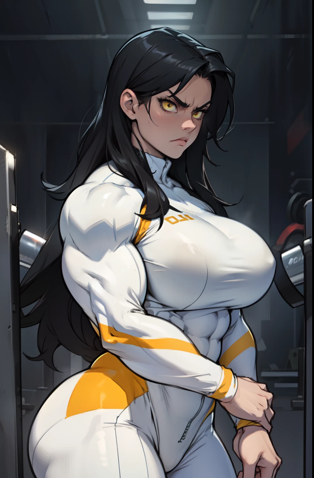 pale skin solo 1 girl black hair yellow eyes angry very long hair dark atmosphere ((huge breasts female bodybuilder toned body muscular)) white skinsuit